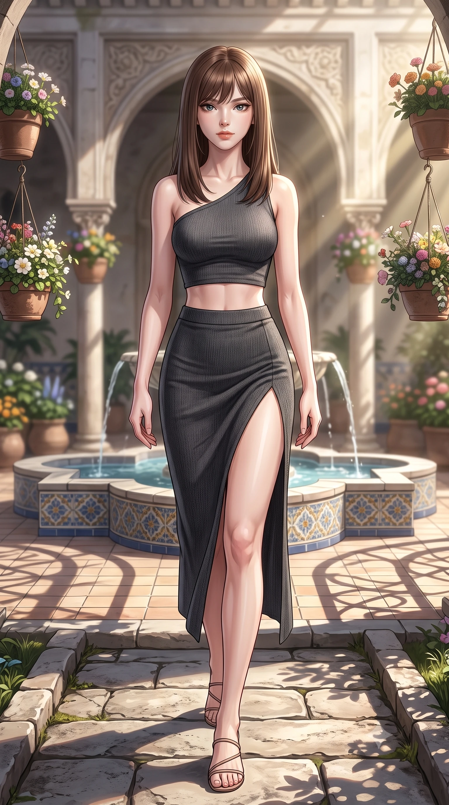 score_9, masterpiece, best quality, ultra-detailed, high-budget anime keyframe, editorial fashion photography, tasteful artistic composition, Korean woman woman. low angle full-body shot from head to toe showing her feet, filling the entire 9:16 vertical frame with her statuesque presence, stretching her vertical silhouette. stepping gracefully across a stone path in the garden the background shows a soft-focus a central courtyard with a tiled fountain, arches, and hanging flower pots. She has an absolutely perfect, statuesque 8.5-heads proportion, an exceptionally tall and slender model-like female figure with impossibly long slender legs and an ultra-slim waist. sharp v-shaped jawline, high-bridge nose, intricate jewel-like eyes with depth, thick eyelashes, glossy lips with a natural sheen. wearing a body-hugging asymmetric one-shoulder crop top in charcoal knit, paired with a high-slit skirt. bright afternoon sunbeams casting high-contrast arch shadows on the tiled floor. 2k, ultra detail, master piece, 9:16 ratio