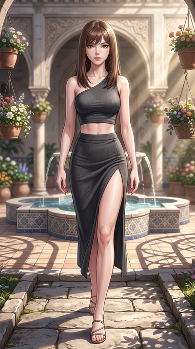 score_9, masterpiece, best quality, ultra-detailed, high-budget anime keyframe, editorial fashion photography, tasteful artistic composition, Korean woman woman. low angle full-body shot from head to toe showing her feet, filling the entire 9:16 vert
