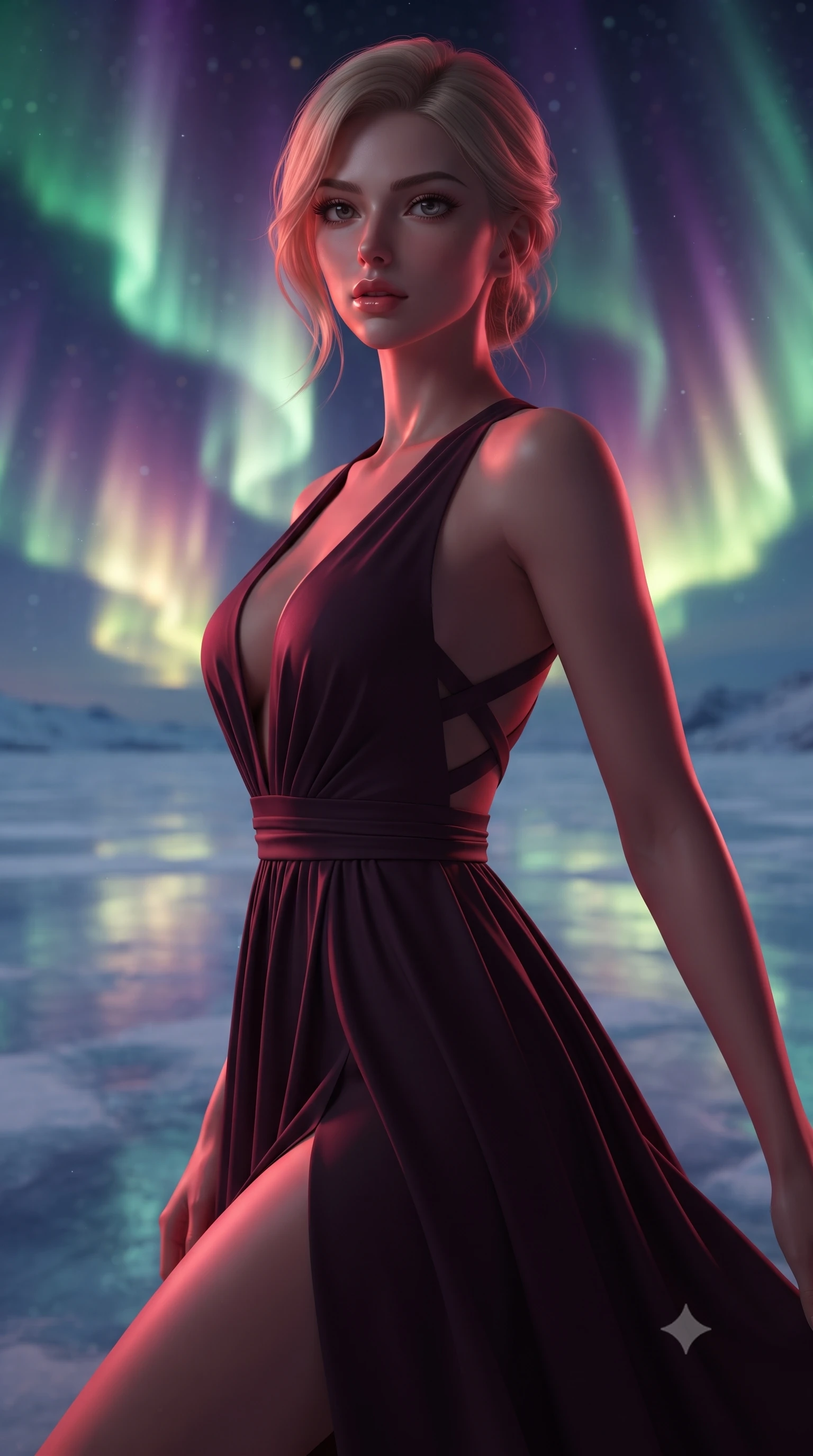 score_9, masterpiece, best quality, ultra-detailed, high-budget anime keyframe, editorial fashion photography, tasteful artistic composition, Japanese woman. close-up cowboy shot from the waist and thighs up, the character dominates the composition, filling the frame with her large presence, background elements kept in soft focus. Looking directly at the camera with a bold fearless expression and parted lips. set against a soft-focus background of a vast pristine frozen plain stretching to infinity under the most spectacular aurora borealis display with enormous curtains of green purple and gold light dancing and rippling across the entire sky reflected in the ice. She has an exceptionally elegant and slender, willowy female figure with an ultra-slim waist, a gracefully sculpted slender torso, and a refined slim physique. sharp v-shaped jawline, high-bridge nose, intricate jewel-like eyes with depth, thick eyelashes, glossy lips with a natural sheen. wearing a dark plum dress with a deep plunging V-neckline and a criss-cross strap back design. deep crimson theatrical lighting with sharp specular highlights on every curve. 2k, ultra detail, master piece, 9:16 ratio