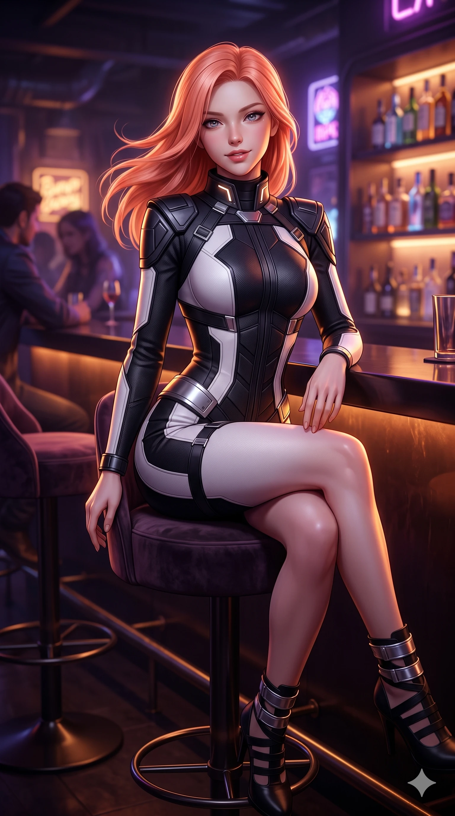 score_9, masterpiece, best quality, ultra-detailed, high-budget anime keyframe, semi-realistic 3D game render, editorial fashion photography, tasteful artistic composition, Japanese woman. close-up cowboy shot from the waist and thighs up, the character dominates the composition, filling the frame with her large presence. turning slowly with an enchanting smoldering smile, her glossy hair tossing as her hips angle gracefully in a captivating contrapposto while sitting gracefully on the velvet swivel bar seat with one knee bent, flashing an enchanting smile with parted glossy lips. The background shows a soft-focus hazy speakeasy atmosphere softened in underground cyber bar shallow focus. She has an exceptionally elegant, slender, and willowy female figure with an ultra-slim waist, flat toned midriff, narrow ribcage, and sculpted feminine hips creating an alluring, slim hourglass silhouette without bulk. sharp v-shaped jawline, high-bridge nose, intricate jewel-like sparkling eyes with depth, thick eyelashes, glossy parted lips with a natural sheen, bright confident smile with an enchanting and coquettish sensual glint, exuding both youthful magnetic charm and sovereign high-tech allure, flawlessly proportioned anatomical accuracy, strict slender model proportions, natural body alignment, perfectly sculpted long slender limbs, ultra-slim waistline, clean dynamic posture without body distortion. wearing a bespoke orbital diplomatic uniform with structured geometric epaulets and a tailored waistline in dual-tone high-contrast monochrome black and stark white, made of flexible bullet-resistant ballistic microfiber with high-tensile strength, complemented by strappy stiletto combat boots with metallic ankle wraps accentuating her slender calves, the bespoke structured tailoring following the natural line of her 8.5-heads silhouette with refined elegance. illuminated by counter surface bounce and sharp amber-violet rim lights sculpting her razor-sharp jawline, narrow waist, and curvy hips. highly saturated vibrant anime colors, detailed shading with soft gradients, rich glossy textures, high-contrast stereoscopic depth, volumetric dynamic lighting, master piece, 9:16 ratio