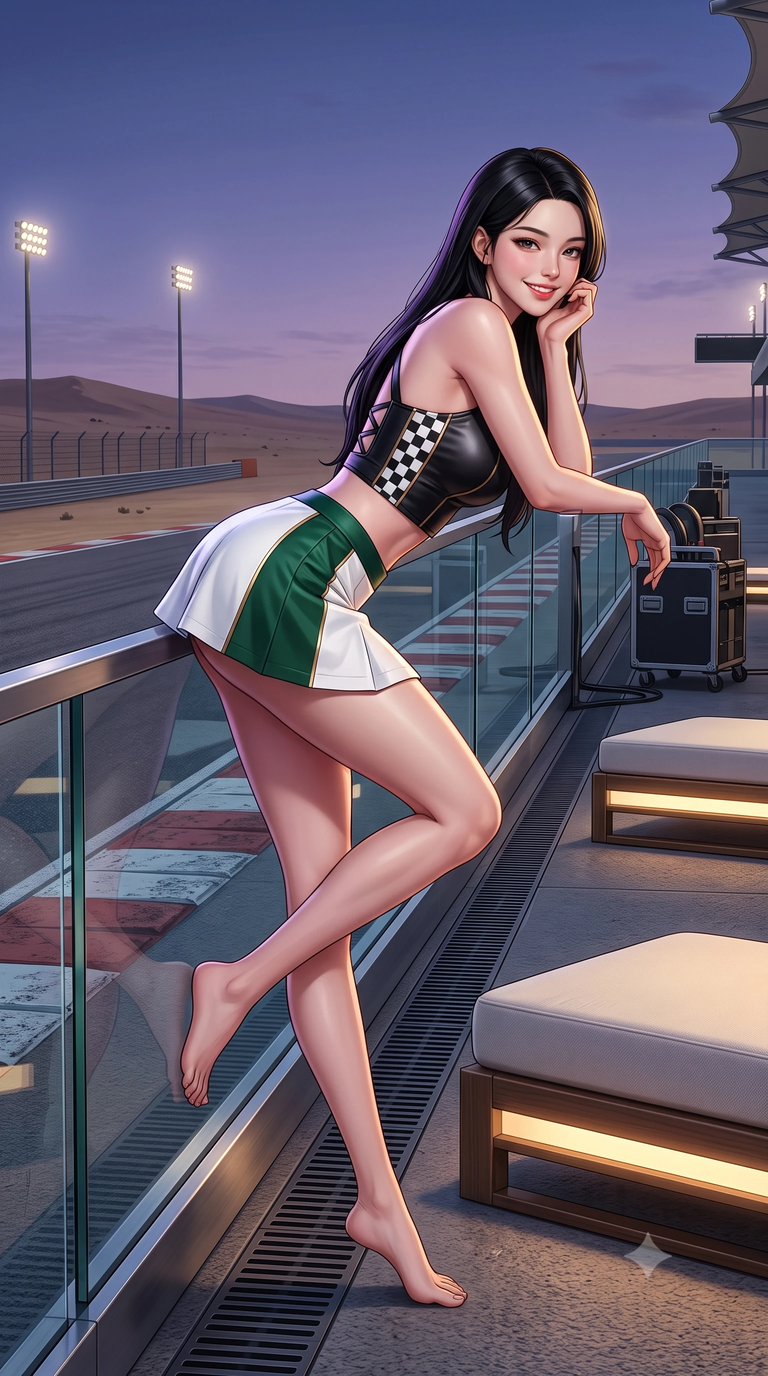 score_9, masterpiece, best quality, ultra-detailed, high-budget anime keyframe, semi-realistic 3D game render, editorial fashion photography, tasteful artistic composition, Korean woman. low angle full-body shot from head to toe showing her feet, filling the entire 9:16 vertical frame with her statuesque presence, stretching her vertical silhouette. leaning deep against the pit lane barrier with hips cocked back in an unapologetically alluring high-fashion stance, flashing a warm beaming smile while lounging on an outdoor illuminated daybed propped on one elbow with legs crossed, her statuesque presence commanding the desert twilight circuit. The surrounding environment is rendered in vivid detail and crisp panoramic clarity: sharp glass parapet bevels, brushed aluminum deck fittings, and racetrack curbing texture in deep focus. She has an absolutely perfect, statuesque 8.5-heads proportion, an exceptionally tall and slender model-like female figure with impossibly long slender legs, an ultra-slim waist, a flat toned midriff, narrow delicate ribcage, and beautifully sculpted feminine hips creating a graceful, slim hourglass silhouette without any bulky heaviness. sharp v-shaped jawline, high-bridge nose, sparkling eyes with athletic focus and depth, thick curled eyelashes, glossy parted lips with a natural coral-peach sheen, bright confident and coquettish smile with alluring bedroom-eyes, exuding both youthful sporty vigor and sovereign high-society glamour, flawlessly proportioned anatomical accuracy, strict slender model proportions, natural body alignment, perfectly sculpted long slender limbs, ultra-slim waistline, clean dynamic posture without body distortion. wearing a chic leather bustier top with checkered flag trim paired with an ultra-short A-line tennis skirt in crisp Wimbledon white and British racing green with gold accents, crafted from supple buttery lambskin racing leather with a satin sheen, finished with criss-cross back athletic straps highlighting her graceful shoulder blades, the glove-like aerodynamic silhouette tightly following the natural contour of her hips and long slender legs with youthful 8.5-heads elegance. illuminated by track floodlight bounce and sharp violet-gold rim lights sculpting her razor-sharp jawline, narrow waist, and curvy hips. highly saturated vibrant anime colors, detailed shading with soft gradients, rich glossy textures, high-contrast stereoscopic depth, volumetric dynamic lighting, master piece, 9:16 ratio