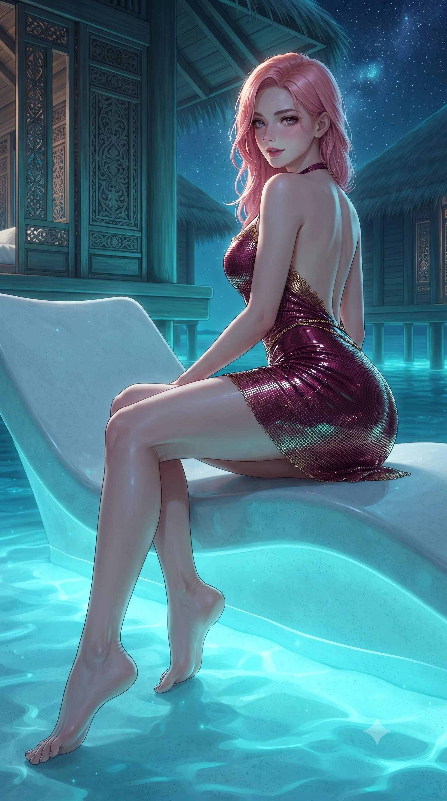 score_9, masterpiece, best quality, ultra-detailed, high-budget anime keyframe, editorial fashion photography, tasteful artistic composition, Japanese woman. low angle full-body shot from head to toe showing her feet, filling the entire 9:16 vertical frame with her statuesque presence, stretching her vertical silhouette. walking along the terrace with poise, looking back over her bare shoulder with an irresistible smoldering bedroom-gaze while lounging gracefully on the submerged contoured seat with legs extended, holding a tropical cocktail with an irresistible, parted-lip smile. The surrounding environment is rendered in vivid detail and crisp panoramic clarity: detailed wet-look liquid vinyl monokini cling, gold waist chain shine, and Maldivian architectural craft in razor-sharp precision. She has an absolutely perfect, statuesque 8.5-heads proportion, an exceptionally tall and slender model-like female figure with impossibly long slender legs, an ultra-slim waist, a flat toned midriff, narrow delicate ribcage, and beautifully sculpted feminine hips creating a graceful, slim hourglass silhouette without any bulky heaviness. sharp v-shaped jawline, high-bridge nose, sparkling eyes with hypnotic seductive depth, thick curled eyelashes, glossy parted lips with a natural dewy peach sheen, alluring bedroom-eyes with an enchanting coquettish smile, exuding magnetic siren charisma and sophisticated glamour, flawlessly proportioned anatomical accuracy, strict slender model proportions, natural body alignment, perfectly sculpted long slender limbs, ultra-slim waistline, clean dynamic posture without body distortion. wearing a backless halterneck column mini dress in shimmering liquid vinyl clinging like a second skin in Vienna imperial bordeaux and Habsburg gold, crafted from shimmering fluid chainmail mesh reflecting ambient lights, finished with scalloped eyelash lace trim framing her sweetheart neckline with intimate elegance, the liquid-tight tailored fabric clinging flawlessly to her narrow waist and rounded feminine hips, emphasizing every millimeter of her sculpted slim hourglass curves without any bulky heaviness. bathed in supernatural glowing neon-cyan light radiating upward from bioluminescent lagoon waters mixed with celestial starlight. ultra-reflective glossy finish, specular highlights, rich textural contrasts, high-contrast stereoscopic depth, volumetric dynamic lighting, 2k, ultra detail, master piece, 9:16 ratio