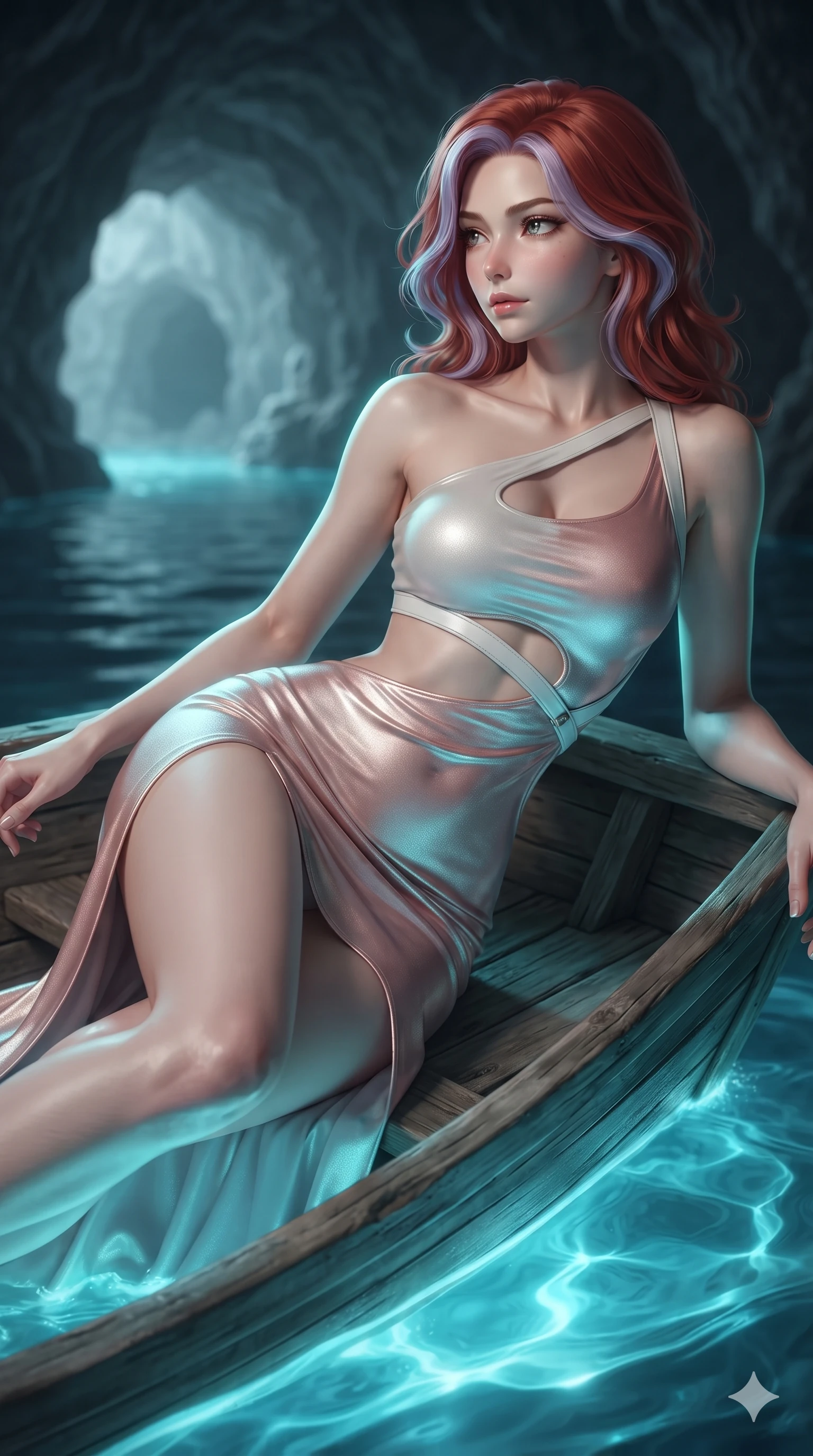 score_9, masterpiece, best quality, ultra-detailed, high-budget anime keyframe, editorial fashion photography, tasteful artistic composition, Caucasian woman. close-up cowboy shot from the waist and thighs up, the character dominates the composition, filling the frame with her large presence. twisting her slender torso in a deep contrapposto stance, hips dramatically shifted to accentuate her feminine curves while looking past her shoulder with smoldering bedroom-eyes while lounging in the wooden skiff propped on one elbow, her flat midriff and long slender legs bathed in ethereal subterranean electric-blue light. The background shows a soft-focus grotto entrance ripples softened in mysterious maritime subterranean shallow focus. She has an exceptionally elegant, slender, and willowy female figure with an ultra-slim waist, flat toned midriff, narrow ribcage, and sculpted feminine hips creating an alluring, slim hourglass silhouette without bulk. sharp v-shaped jawline, high-bridge nose, sparkling eyes with hypnotic seductive depth, thick curled eyelashes, glossy parted lips with a natural dewy peach sheen, alluring bedroom-eyes with an enchanting coquettish smile, exuding magnetic siren charisma and sophisticated glamour, flawlessly proportioned anatomical accuracy, strict slender model proportions, natural body alignment, perfectly sculpted long slender limbs, ultra-slim waistline, clean dynamic posture without body distortion. wearing an asymmetric one-shoulder liquid jersey resort gown with dramatic hip-high slit and waist cutout in celestial pearl white and rose-gold, tailored from second-skin technical compression neoprene with athletic curve-sculpting stretch, featuring an open-back criss-cross harness strap in white leather, the bespoke structured tailoring following the natural line of her 8.5-heads silhouette with refined elegance. illuminated by glowing water bounce and sharp cyan-teal rim lights defining her razor-sharp jawline, narrow waist, and curvy hips against dark cavern stone. ultra-reflective glossy finish, specular highlights, rich textural contrasts, high-contrast stereoscopic depth, volumetric dynamic lighting, 2k, ultra detail, master piece, 9:16 ratio