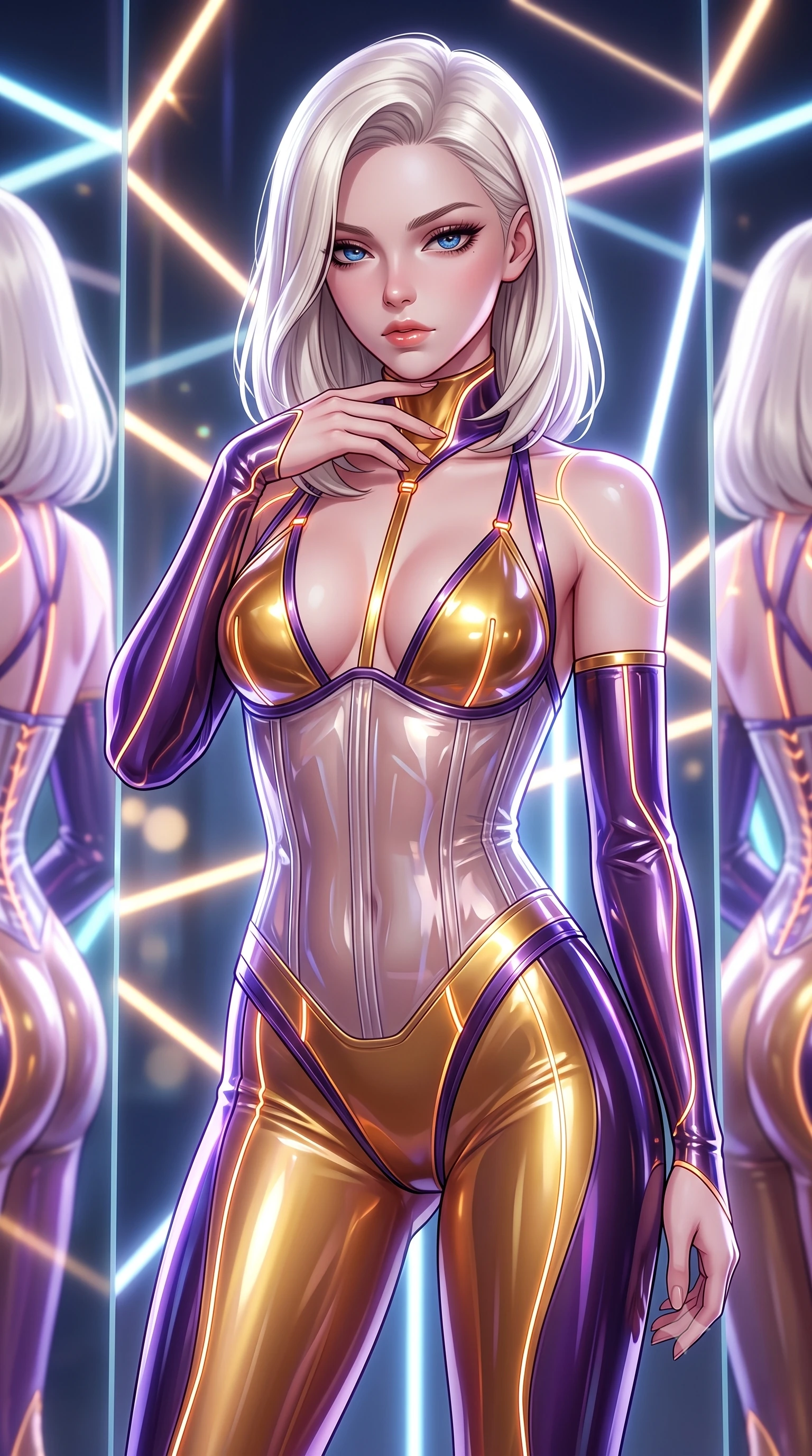 score_9, masterpiece, best quality, ultra-detailed, high-budget anime keyframe, semi-realistic 3D game render, editorial fashion photography, tasteful artistic composition, Caucasian woman. close-up cowboy shot from the waist and thighs up, the character dominates the composition, filling the frame with her large presence. resting her fingers lightly against her throat while looking down with a smoldering, haughty yet intensely captivating glance while pausing at the intersection of giant glass mirrors with a haughty, smoldering editorial gaze. The composition keeps background elements in soft focus with creamy bokeh. glowing neon geometric lines scattering radiant specular light across a sleek backdrop. She has an exceptionally elegant, slender, and willowy female figure with an ultra-slim waist, a gracefully sculpted slender torso, and a refined silhouette. sharp v-shaped jawline, high-bridge nose, intricate jewel-like eyes with depth, thick eyelashes, glossy lips with a natural sheen, flawlessly proportioned anatomical accuracy, natural body alignment, perfectly sculpted elegant limbs, clean dynamic posture without body distortion. wearing a translucent cybernetic corset in semi-opaque structured vinyl, combined with detached sleeves and a deep-plunging neckline secured by glowing micro-straps in lustrous molten gold and pure deep violet, crafted from ultra-reflective second-skin latex with a glass-like polish, accented with glowing fiber-optic seams tracing her collarbones and hip curves, the liquid-tight fabric adhering flawlessly to her sculpted torso and slender silhouette. illuminated by sharp white editorial flash lighting with high-contrast reflective rim lights. highly saturated vibrant anime colors, detailed shading with soft gradients, rich glossy textures, high-contrast stereoscopic depth, volumetric dynamic lighting, master piece, 9:16 ratio