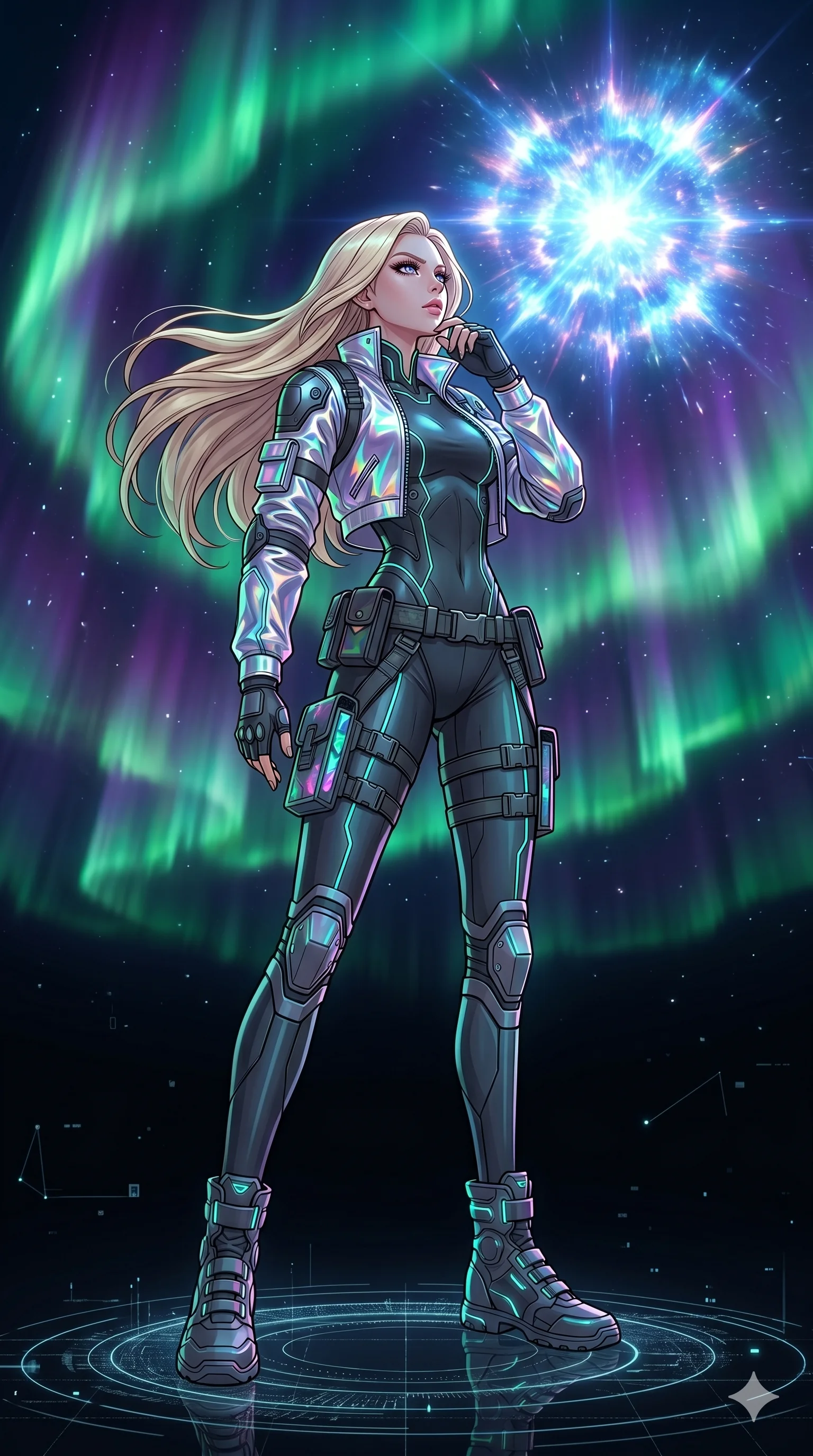 score_9, masterpiece, best quality, ultra-detailed, high-budget anime movie keyframe, cinematic anime lighting, intricate line art, Korean woman. Low angle cowboy shot filling the entire 9:16 frame with her statuesque presence. observing a supernova in a minimalist digital void amidst aurora borealis. She has an absolutely perfect 8-heads proportion, an exceptionally tall and slender female figure with an ultra-slim waist and impossibly long slender legs. sharp v-shaped jawline, high-bridge nose, intricate jewel-like eyes, thick eyelashes, glossy lips. Wearing modern urban tech-wear ensemble with a cropped reflective bomber jacket, ultra-slim high-waisted cargo leggings, and tactical harness with neon-lit pouches. The scene is illuminated by dramatic atmospheric lighting and vibrant color palettes. , 2k, ultra detail, master piece, 9:16 ratio