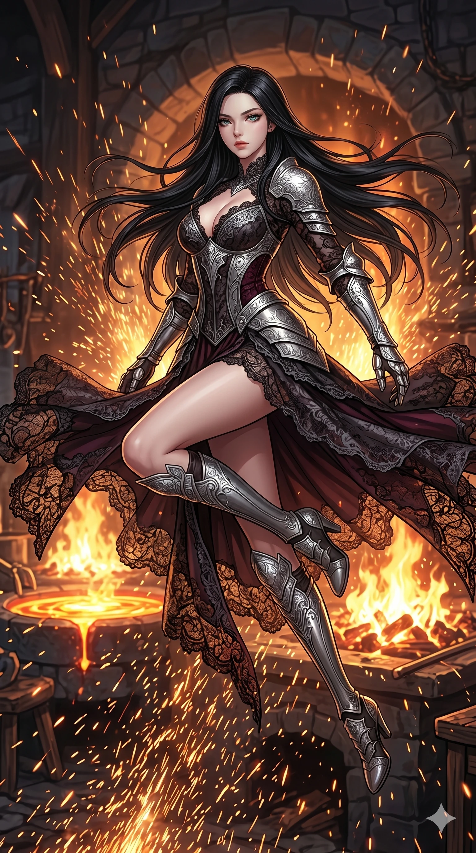 score_9, masterpiece, best quality, ultra-detailed, Set C: High-budget Anime Keyframe, Korean woman. Low angle cowboy shot filling the entire 9:16 frame with her statuesque presence. Leaping through a shower of sparks from a giant blacksmith's forge. She has an absolutely perfect 8-heads proportion, an exceptionally tall and slender female figure with elegant long slender legs and an slender waist. Sharp v-shaped jawline, high-bridge nose, intricate jewel-like eyes with depth, thick eyelashes, glossy lips. Wearing a Dark Fantasy outfit: gothic lace corset gown with silver armor and a v-neckline. Background is a bright and colorful forge with glowing molten metal and thousands of orange sparks. 2k, ultra detail, master piece, 9:16 ratio
