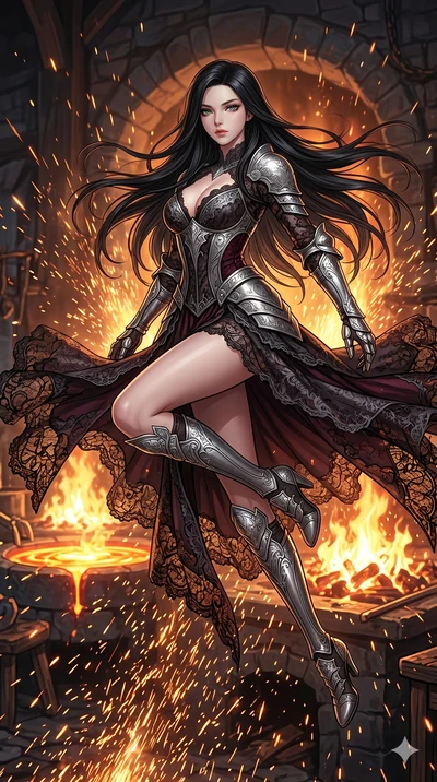 score_9, masterpiece, best quality, ultra-detailed, Set C: High-budget Anime Keyframe, Korean woman. Low angle cowboy shot filling the entire 9:16 frame with her statuesque presence. Leaping through a shower of sparks from a giant blacksmith's forge.