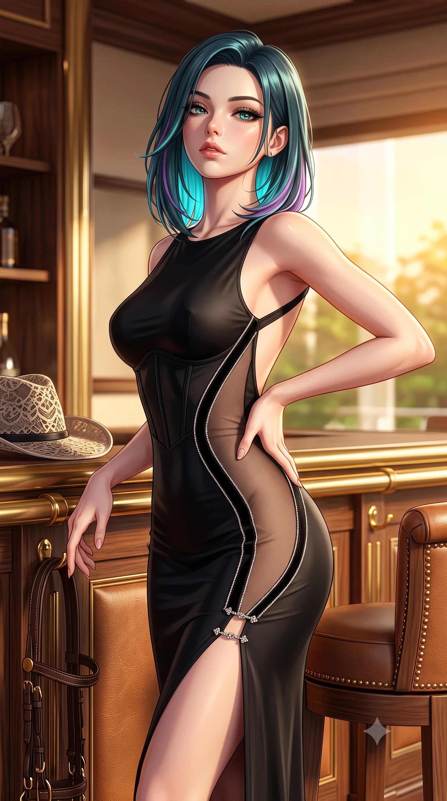 score_9, masterpiece, best quality, ultra-detailed, high-budget anime keyframe, semi-realistic 3D game render, editorial fashion photography, tasteful artistic composition, Caucasian woman. close-up cowboy shot from the waist and thighs up, the character dominates the composition, filling the frame with her large presence. tilting her chin up with proud, sovereign allure while gazing through thick eyelashes, one hand resting on her waist in pure supermodel charisma while twisting her slender torso in an assertive contrapposto stance beside the private turf bar, her form-contouring riding suit sculpting her feminine hourglass lines. The surrounding environment is rendered in vivid detail and crisp panoramic clarity. detailed equestrian leather harness stitching, fine wool tailoring, and lace hat weave in high clarity. She has an exceptionally elegant, slender, and willowy female figure with an ultra-slim waist, flat toned midriff, narrow ribcage, and sculpted feminine hips creating an alluring, slim hourglass silhouette without bulk. sharp v-shaped jawline, high-bridge nose, intricate jewel-like eyes with depth, thick eyelashes, glossy parted lips with a natural sheen, intensely captivating and seductive bedroom-eyes expression, flawlessly proportioned anatomical accuracy, strict slender model proportions, natural body alignment, perfectly sculpted long slender limbs, ultra-slim waistline, clean dynamic posture without body distortion. wearing a second-skin black silk jersey maxi dress with asymmetrical sheer mesh side panels tracing the full curve of her hip in pitch-black velvet with diamond crystal trim, made of fluid silk crepe with delicate inner corsetry boning, finished with an ultra-high side slit secured by miniature jeweled clasps, the dramatically scooped open back descending to the base of her spine, accentuating her razor-sharp statuesque lines and slim hourglass silhouette. bathed in glorious golden-hour afternoon sunlight and warm white marquee bounce fill. highly saturated vibrant anime colors, detailed shading with soft gradients, rich glossy textures, high-contrast stereoscopic depth, volumetric dynamic lighting, master piece, 9:16 ratio