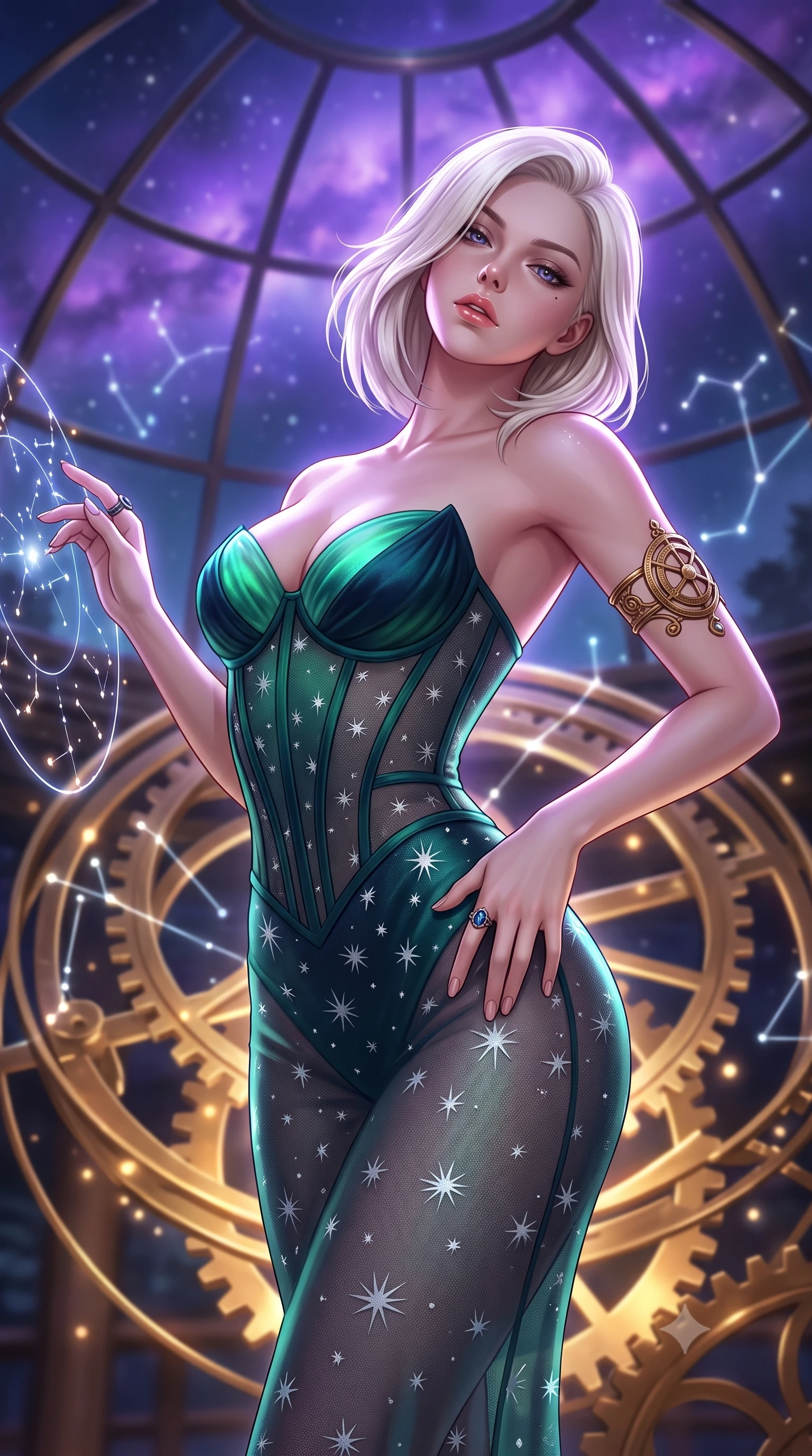 score_9, masterpiece, best quality, ultra-detailed, high-budget anime keyframe, semi-realistic 3D game render, editorial fashion photography, tasteful artistic composition, Caucasian woman. close-up cowboy shot from the waist and thighs up, the character dominates the composition, filling the frame with her large presence. arching her spine backward with effortless dancer poise, one hand sliding along her hip line as directional light carves specular highlights along her silhouette while arching her spine in a fluid dancer stretch beneath the open observatory glass dome, fingers lightly tracing a floating star map. The composition keeps background elements in soft focus with creamy bokeh. glowing brass astrolabe gears and constellation hologram lines softened in romantic shallow focus. She has an exceptionally elegant, slender, and willowy female figure with an ultra-slim waist, a gracefully sculpted slender torso, toned flat midriff, and rounded feminine hips creating an alluring hourglass silhouette. sharp v-shaped jawline, high-bridge nose, intricate jewel-like eyes with depth, thick eyelashes, glossy parted lips with a natural sheen, intensely captivating and seductive bedroom-eyes expression, flawlessly proportioned anatomical accuracy, strict slender model proportions, natural body alignment, perfectly sculpted long slender limbs, ultra-slim waistline, clean dynamic posture without body distortion. wearing a sculptured deep-space corset gown with an exposed clavicle neckline and sweetheart bustier in glowing aurora green and midnight teal, made of sheer contouring power-mesh with silver starburst flocking, accessorized with an intricate brass astrolabe armlet and sapphire ring, the second-skin form-contouring cut accentuating her sculpted flat midriff, narrow waistline, and dramatically curvy hips without adding bulk. bathed in cool violet nebula glow from above and warm golden brass indicator uplights. highly saturated vibrant anime colors, detailed shading with soft gradients, rich glossy textures, high-contrast stereoscopic depth, volumetric dynamic lighting, master piece, 9:16 ratio