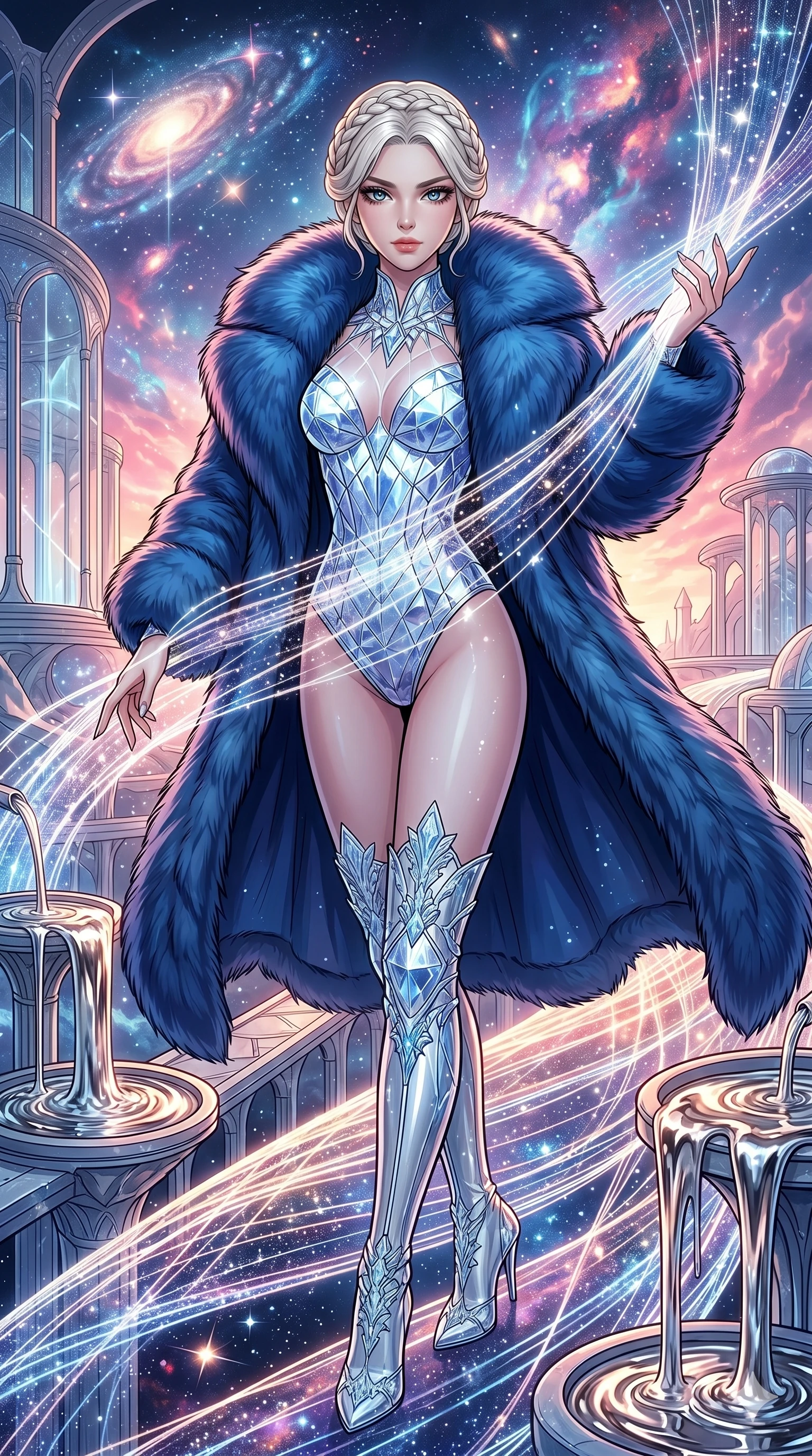 score_9, masterpiece, best quality, ultra-detailed, high-budget anime movie keyframe, cinematic anime lighting, intricate line art, Korean woman. Medium shot of upper body capturing the intricate details of her high-fashion attire. weaving threads of light in a celestial bridge made of light with liquid mercury fountains. She has an absolutely perfect 8-heads proportion, an exceptionally tall and slender female figure with an ultra-slim waist and impossibly long slender legs. sharp v-shaped jawline, high-bridge nose, intricate jewel-like eyes, thick eyelashes, glossy lips. Wearing seasonal winter-couture featuring a plush oversized faux-fur coat worn over a skin-tight crystalline leotard and thigh-high stiletto boots. The scene is illuminated by dramatic atmospheric lighting and vibrant color palettes. , 2k, ultra detail, master piece, 9:16 ratio