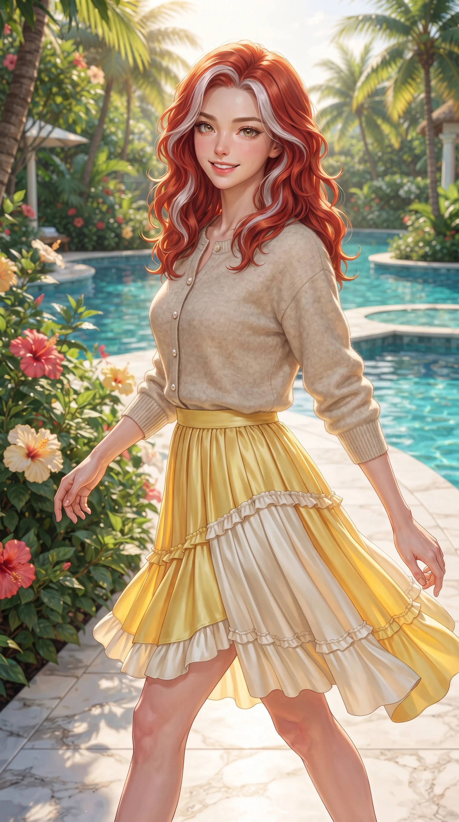 score_9, masterpiece, best quality, ultra-detailed, high-budget anime keyframe, editorial fashion photography, tasteful artistic composition, Caucasian woman. close-up cowboy shot from the waist and thighs up, the character dominates the composition, filling the frame with her large presence. Youthful bright smile exuding pure cute charm and fresh energy, her torso turning dynamically into the lens while stepping onto a marble garden walkway surrounded by blooming hibiscus flowers and clear blue water. The surrounding environment is rendered in vivid detail and crisp panoramic clarity. luxury resort architecture, shimmering turquoise pools, and tropical garden landscapes in deep focus. She has an exceptionally elegant, slender, and willowy female figure with an ultra-slim waist, a gracefully sculpted slender torso, and a refined silhouette. sharp v-shaped jawline, high-bridge nose, intricate jewel-like eyes with depth, thick eyelashes, glossy lips with a natural sheen, flawlessly proportioned anatomical accuracy, natural body alignment, perfectly sculpted elegant limbs, clean dynamic posture without body distortion. wearing a soft oatmeal cashmere pullover sweater paired with a flowing pleated satin skirt in bright butter yellow and fresh cream white, tailored from crisp cotton poplin, finished with subtle ruffle trims and delicate pearl buttons, the chic real-way fashion cut emphasizing her effortless charm. illuminated by warm golden afternoon sunbursts casting crisp highlights. ultra-reflective glossy finish, specular highlights, metallic sheen, high-contrast stereoscopic depth, volumetric dynamic lighting, 2k, ultra detail, master piece, 9:16 ratio