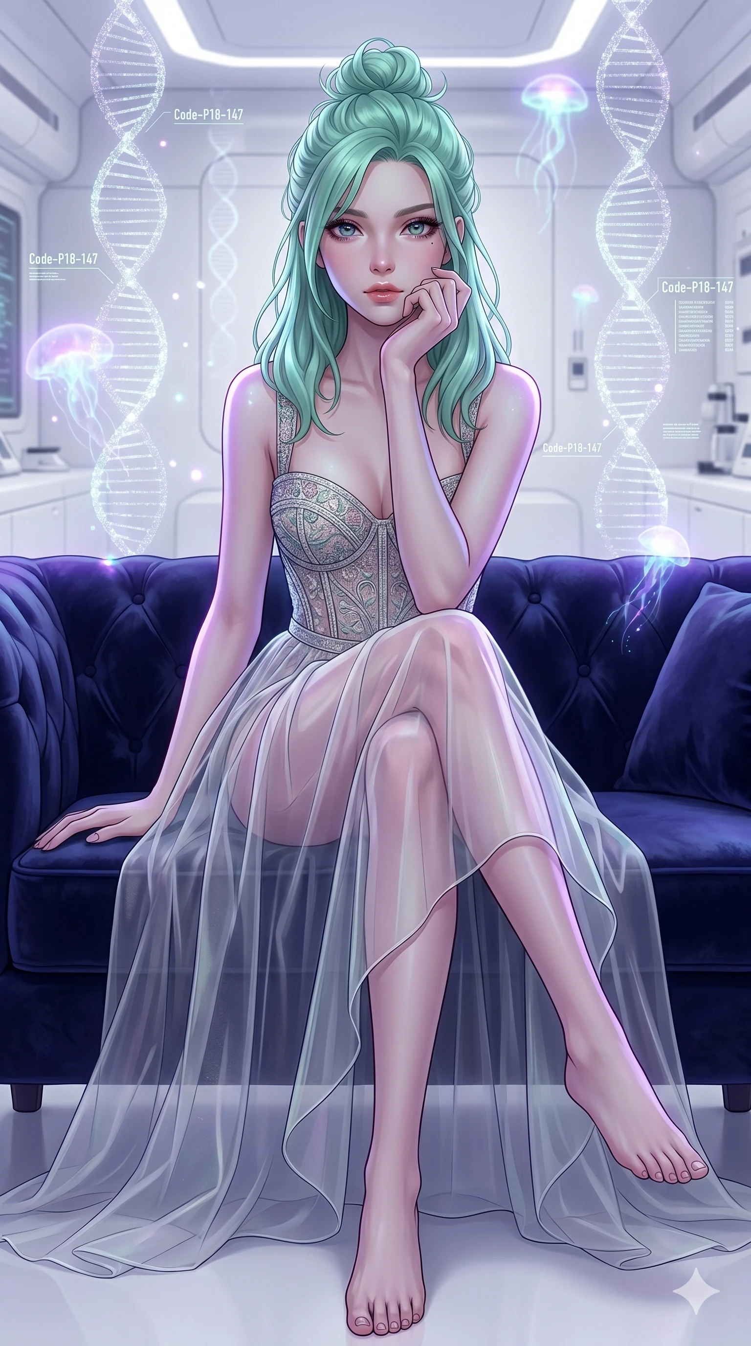 score_9, masterpiece, best quality, ultra-detailed, high-budget anime keyframe, editorial fashion photography, tasteful artistic composition, Japanese woman. cowboy shot from the thighs up, character and outfit filling the frame for maximum editorial presence. sitting on a velvet sofa, resting her chin on her fingers in a pristine white laboratory with floating holographic DNA helix lines (Code-P18-147). She has an absolutely perfect 8-heads proportion, an exceptionally tall and slender female figure with impossibly long slender legs and an ultra-slim waist. V-shaped jawline, high-bridge nose, intricate jewel-like eyes with depth, thick eyelashes, glossy lips with a natural sheen. wearing a fine patterned embroidery structured bodice top combined with a translucent skirt. soft purple and cyan light from the floating organisms, casting a magical aura on her. 2k, ultra detail, master piece, 9:16 ratio