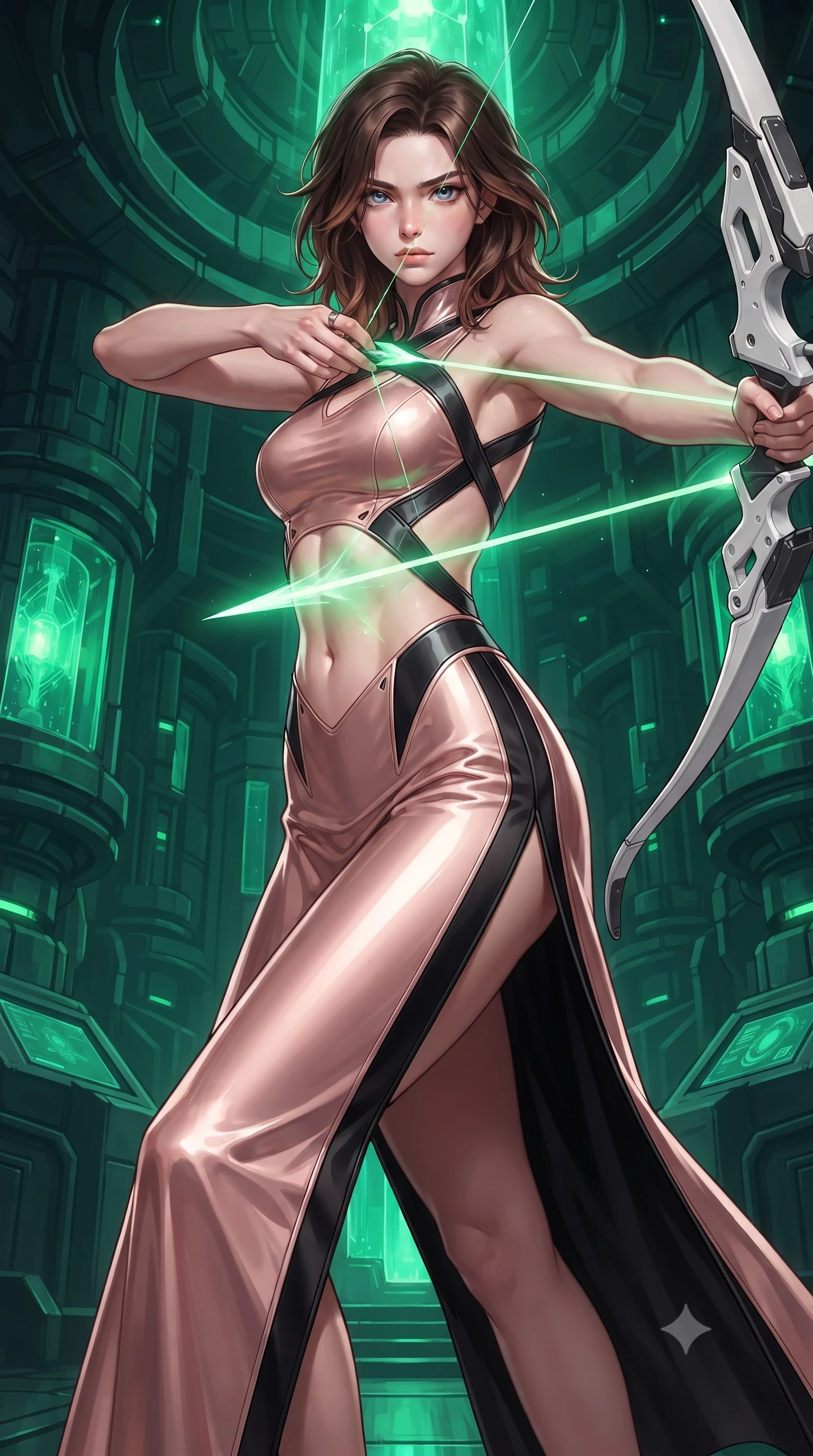 score_9, masterpiece, best quality, ultra-detailed, high-budget anime keyframe, editorial fashion photography, tasteful artistic composition, Korean woman. low angle full-body shot from head to toe showing her feet, filling the entire 9:16 vertical frame with her statuesque presence, stretching her vertical silhouette. pivoting dynamically in mid-motion with a breathtakingly alluring posture, displaying her flawless model proportions, toned flat midriff, and ultra-slim waist while pivoting dynamically as a pure photon arrow forms in her fingers, casting radiant green light across her sculpted flat midriff. The surrounding environment is rendered in vivid detail and crisp panoramic clarity. rich emerald chiaroscuro and high-tech subterranean power plant architecture captured with sharpness. She has an absolutely perfect, statuesque 8.5-heads proportion, an exceptionally tall and slender model-like female figure with impossibly long slender legs, a toned flat midriff, and an ultra-slim waist. sharp v-shaped jawline, high-bridge nose, intricate jewel-like eyes with depth, thick eyelashes, glossy lips with a natural sheen, flawlessly proportioned anatomical accuracy, strict slender model proportions, natural body alignment, perfectly sculpted long slender limbs, ultra-slim waistline, clean dynamic posture without body distortion. wearing a form-fitting luminous rose-gold carbon combat gown with tactical side slits, wielding a floating magnetic energy bow with celestial poise in monochrome white enamel carbon with high-contrast black panels, made of lightweight aerodynamic carbon-titanium alloy with polished edge bevels, complemented by criss-cross back harness straps highlighting her completely bare spine, the precision-cut daring openings accentuating her delicate midriff, graceful bare collarbones, and ultra-slim feminine waistline. bathed in intense radiant emerald crystal core backlighting and glowing photon bow illumination. ultra-reflective glossy finish, specular highlights, dark metallic sheen, high-contrast stereoscopic depth, volumetric dynamic lighting, 2k, ultra detail, master piece, 9:16 ratio