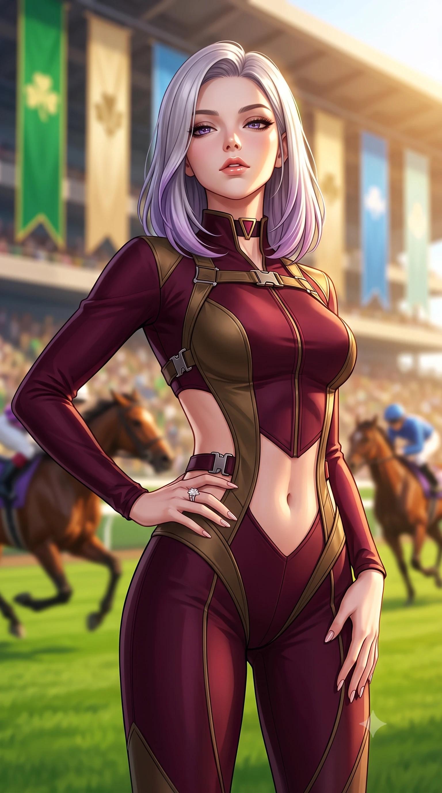 score_9, masterpiece, best quality, ultra-detailed, high-budget anime keyframe, semi-realistic 3D game render, editorial fashion photography, tasteful artistic composition, Caucasian woman. close-up cowboy shot from the waist and thighs up, the character dominates the composition, filling the frame with her large presence. tilting her chin up with proud, sovereign allure while gazing through thick eyelashes, one hand resting on her waist in pure supermodel charisma while resting one manicured hand delicately on her hip bone while gazing through thick eyelashes at the passing racehorses, parted glossy lips catching the sunlight. The composition keeps background elements in soft focus with creamy bokeh. emerald green turf racetracks and towering grandstand banners blurred into vibrant clover, champagne-gold, and sky-blue bokeh. She has an exceptionally elegant, slender, and willowy female figure with an ultra-slim waist, flat toned midriff, narrow ribcage, and sculpted feminine hips creating an alluring, slim hourglass silhouette without bulk. sharp v-shaped jawline, high-bridge nose, intricate jewel-like eyes with depth, thick eyelashes, glossy parted lips with a natural sheen, intensely captivating and seductive bedroom-eyes expression, flawlessly proportioned anatomical accuracy, strict slender model proportions, natural body alignment, perfectly sculpted long slender limbs, ultra-slim waistline, clean dynamic posture without body distortion. wearing a high-collar speedsuit featuring bold side-torso cutouts and quick-release titanium buckles in deep wine burgundy and antique bronze, made of fluid silk crepe with delicate inner corsetry boning, complemented by a bold geometric choker and sparkling cocktail ring, the form-contouring material adhering flawlessly to her sculpted flat midriff and slender torso, emphasizing her long leg lines and perfectly proportioned willowy build. bathed in glorious golden-hour afternoon sunlight and warm white marquee bounce fill. highly saturated vibrant anime colors, detailed shading with soft gradients, rich glossy textures, high-contrast stereoscopic depth, volumetric dynamic lighting, master piece, 9:16 ratio