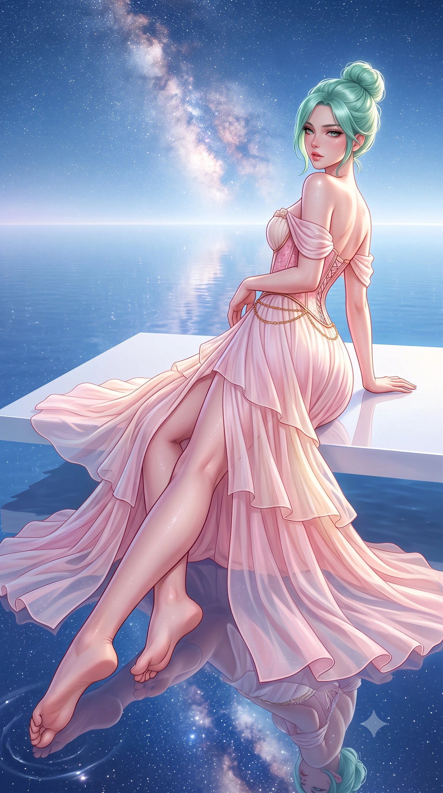 score_9, masterpiece, best quality, ultra-detailed, high-budget anime keyframe, semi-realistic 3D game render, editorial fashion photography, tasteful artistic composition, Japanese woman. low angle full-body shot from head to toe showing her feet, filling the entire 9:16 vertical frame with her statuesque presence, stretching her vertical silhouette. posing with back turned slightly to the lens, glancing back with smoldering allure as she arches her lower back to emphasize her sculpted feminine hips and slender waist while reclining on a minimalist white platform reflected in the mirror water, her curvy hips and long slender legs blending heaven and earth. The surrounding environment is rendered in vivid detail and crisp panoramic clarity. detailed flowing fabric movement, celestial specular glints on skin, and infinite horizon clarity in high resolution. She has an exceptionally tall and slender model-like 8.5-heads proportion, an ultra-slim waist, a flat toned midriff, narrow delicate ribcage, and beautifully sculpted feminine hips creating a graceful, slim hourglass silhouette without any bulky heaviness, with impossibly long slender legs. sharp v-shaped jawline, high-bridge nose, intricate jewel-like eyes with depth, thick eyelashes, glossy parted lips with a natural sheen, intensely captivating and seductive bedroom-eyes expression, flawlessly proportioned anatomical accuracy, strict slender model proportions, natural body alignment, perfectly sculpted long slender limbs, ultra-slim waistline, clean dynamic posture without body distortion. wearing an off-shoulder French court corset bodice dress paired with a tiered translucent chiffon slit skirt in sakura blossom pink and warm ivory, woven from layered gossamer chiffon with a weightless sweeping drape, accented with a delicate gold chain belt resting loosely on her curvy hips, the form-contouring material adhering flawlessly to her sculpted flat midriff and slender torso, emphasizing her long leg lines and perfectly proportioned willowy build. bathed in ethereal 360-degree cosmic starlight and glowing Milky Way galactic glow reflecting from below and above. highly saturated vibrant anime colors, detailed shading with soft gradients, rich glossy textures, high-contrast stereoscopic depth, volumetric dynamic lighting, master piece, 9:16 ratio