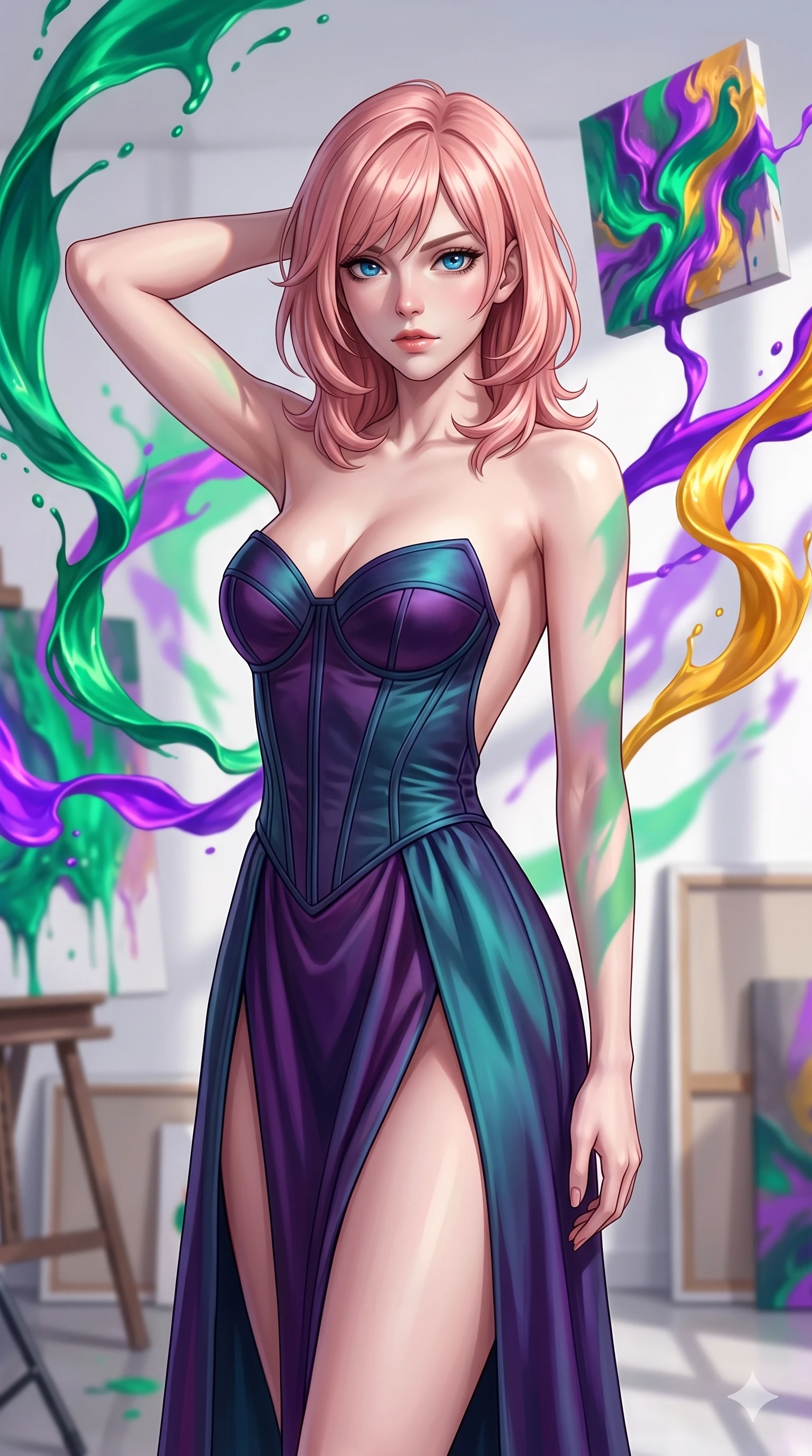 score_9, masterpiece, best quality, ultra-detailed, high-budget anime keyframe, editorial fashion photography, tasteful artistic composition, Japanese woman. close-up cowboy shot from the waist and thighs up, the character dominates the composition, filling the frame with her large presence, background elements kept in soft focus. Placing one hand behind her head with confident body language and a direct stare. set against a soft-focus background of an artist's studio where aurora-colored paint spontaneously erupts from canvases and floats in swirling ribbons through the air creating three-dimensional abstract paintings in space. She has an exceptionally elegant and slender, willowy female figure with an ultra-slim waist, a gracefully sculpted slender torso, and a refined slim physique. sharp v-shaped jawline, high-bridge nose, intricate jewel-like eyes with depth, thick eyelashes, glossy lips with a natural sheen. wearing a structured bustier gown in deep purple and teal satin, featuring a boned bodice, a daring high front slit, and a completely bare back. the floating paint itself glows with aurora colors of emerald green electric violet and solar gold casting shifting colored shadows across the white studio walls. 2k, ultra detail, master piece, 9:16 ratio