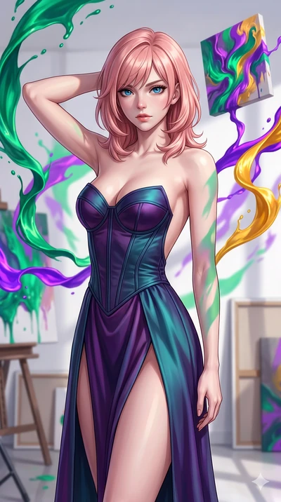 score_9, masterpiece, best quality, ultra-detailed, high-budget anime keyframe, editorial fashion photography, tasteful artistic composition, Japanese woman. close-up cowboy shot from the waist and thighs up, the character dominates the composition, 