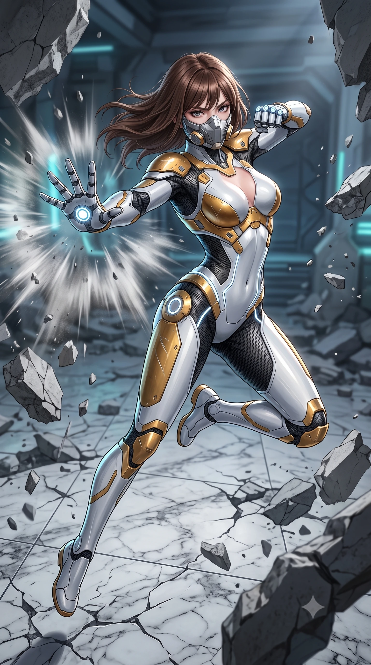 score_9, masterpiece, best quality, ultra-detailed, high-budget anime keyframe, semi-realistic 3D game render, editorial fashion photography, tasteful artistic composition, Korean woman. low angle full-body shot from head to toe showing her feet, filling the entire 9:16 vertical frame with her statuesque presence, stretching her vertical silhouette. leaping into mid-air with an athletic yet alluring arch of her spine, driving a downward kinetic strike surrounded by a ring of displaced air while delivering a supersonic kinetic palm strike that shatters falling masonry in a radial blast of air and dust. The surrounding environment is rendered in vivid detail and crisp panoramic clarity. sharp titanium jaw-guard bevels, glowing knuckle LED coils, and cracked marble floor textures in deep focus. She has an absolutely perfect, statuesque 8.5-heads proportion, an exceptionally tall and slender model-like female figure with impossibly long slender legs, a toned flat midriff, and an ultra-slim waist. sharp v-shaped jawline, high-bridge nose, intricate jewel-like eyes with depth, thick eyelashes, glossy lips with a natural sheen, fierce and resolute heroine expression, flawlessly proportioned anatomical accuracy, strict slender model proportions, natural body alignment, perfectly sculpted long slender limbs, ultra-slim waistline, clean dynamic posture without body distortion. wearing a sleek titanium half-face combat rebreather guard protecting her lower jaw while leaving her expressive eyes and long hair flowing freely, paired with an ultra-sleek high-gloss carbon-composite exoskeleton suit featuring kinetic shock-absorbing shin guards and flexible limb articulation joints in arctic white carbon composite with scratched solar gold armor plating, tailored from flexible second-skin ballistic carbon-mesh adhering flawlessly to her athletic build, accented with glowing fiber-optic telemetry conduits tracing her collarbones and hip curves, the precision-cut daring openings accentuating her delicate midriff, graceful bare collarbones, and ultra-slim feminine waistline. illuminated by crisp directional key light defining her razor-sharp jawline, eyes, and ultra-slim waist. rich saturated anime colors with glowing neon highlights, detailed shading with soft gradients, rich glossy textures, high-contrast stereoscopic depth, volumetric dynamic lighting, master piece, 9:16 ratio