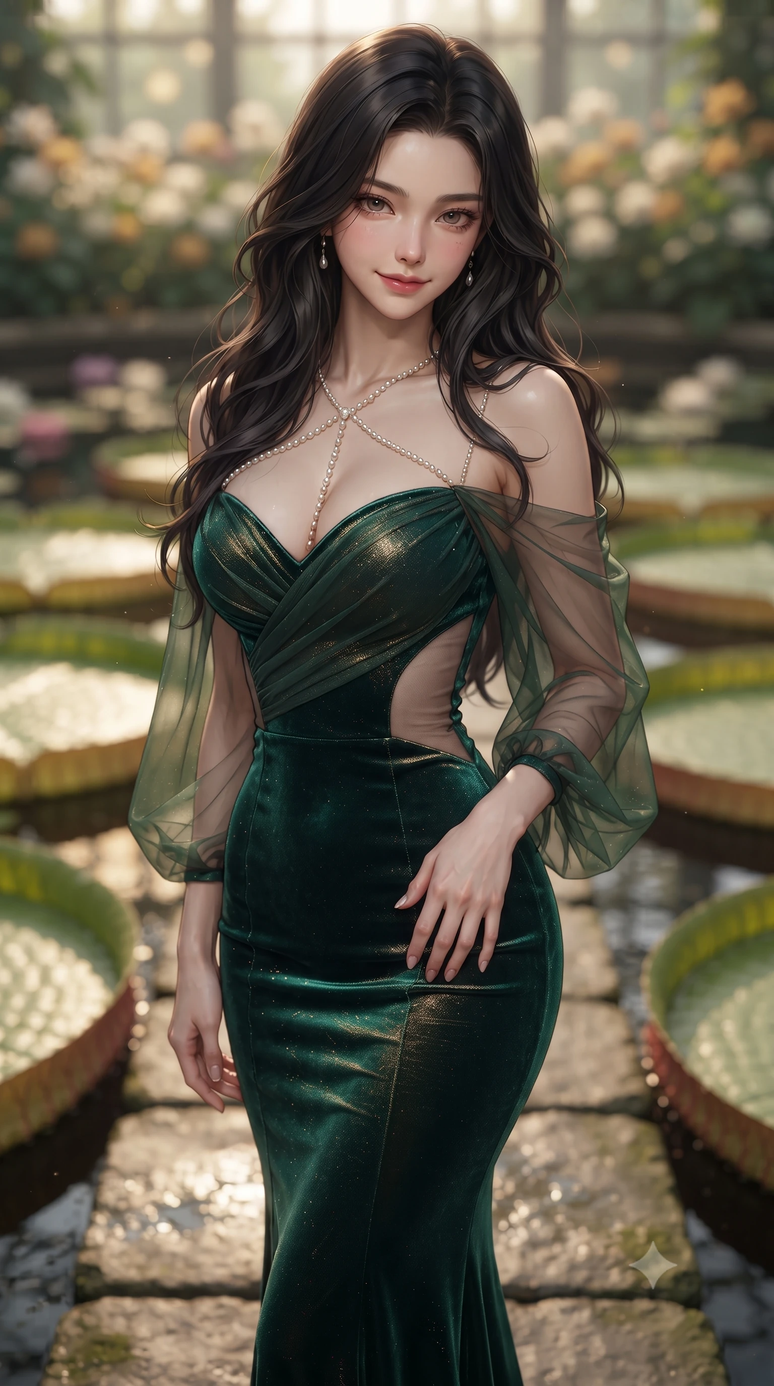 score_9, masterpiece, best quality, ultra-detailed, high-budget anime keyframe, editorial fashion photography, tasteful artistic composition, Korean woman. close-up cowboy shot from the waist and thighs up, the character dominates the composition, filling the frame with her large presence. tilting her head with a teasing half-smile, running one hand slowly down the side of her hip in a flirtatious S-curve as ambient light caresses her silhouette while standing poised on the submerged stone walkway between colossal floating water lily pads, arching her back with breathtaking nymph grace. The background shows a soft-focus colossal six-foot circular Victoria amazonica lily pads, blooming night-scented flowers, and water reflections blurred into seafoam, ivory, and amber bokeh. She has an exceptionally elegant, slender, and willowy female figure with an ultra-slim waist, flat toned midriff, narrow ribcage, and sculpted feminine hips creating an alluring, slim hourglass silhouette without bulk. sharp v-shaped jawline, high-bridge nose, sparkling eyes with hypnotic seductive depth, thick curled eyelashes, glossy parted lips with a natural dewy peach sheen, alluring bedroom-eyes with an enchanting coquettish smile, exuding magnetic siren charisma and sophisticated glamour, flawlessly proportioned anatomical accuracy, strict slender model proportions, natural body alignment, perfectly sculpted long slender limbs, ultra-slim waistline, clean dynamic posture without body distortion. wearing a deep sweetheart-neckline velvet bodycon dress with sheer side-torso cutouts accentuating her hourglass curves in casino emerald green and metallic champagne gold with ruby glints, made of sheer gossamer chiffon that drapes softly against skin with airy translucence, finished with a pearl-drop body harness subtly framing her dewy collarbones and spine, the liquid-tight tailored fabric clinging flawlessly to her narrow waist and rounded feminine hips, emphasizing every millimeter of her sculpted slim hourglass curves without any bulky heaviness. bathed in warm ambient glasshouse light reflecting up from the calm pond surface. ultra-reflective glossy finish, specular highlights, rich textural contrasts, high-contrast stereoscopic depth, volumetric dynamic lighting, 2k, ultra detail, master piece, 9:16 ratio