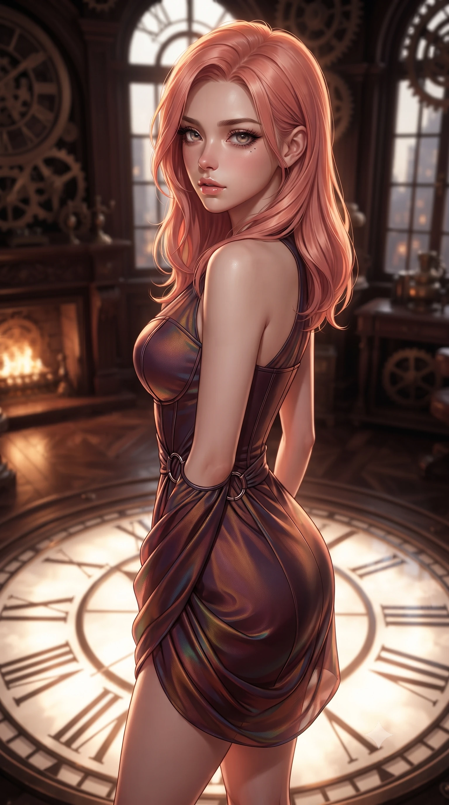 score_9, masterpiece, best quality, ultra-detailed, high-budget anime keyframe, editorial fashion photography, tasteful artistic composition, Japanese woman. close-up cowboy shot from the waist and thighs up, the character dominates the composition, filling the frame with her large presence, background elements kept in soft focus. Glancing sidelong over her shoulder with a smoldering half-smile and heavy lashes standing atop a giant translucent Roman numeral clock dial in a high tower, rich mahogany and polished bronze textures reflecting warm hearth light. She has an exceptionally elegant, slender, and willowy female figure with an ultra-slim waist, a gracefully sculpted slender torso, and a refined silhouette. sharp v-shaped jawline, high-bridge nose, intricate jewel-like eyes with depth, thick eyelashes, glossy lips with a natural sheen. wearing a modern fusion silk hanbok dress with a structured bodice in deep burgundy and bronze, crafted from iridescent chiffon that shifts colors in the light, accented with delicate chrome ring hardware framing her waist, the tailored fabric tightly following every curve of her athletic build. surrounded by warm hearth light and dramatic bronze rim highlights. highly saturated vibrant anime colors, detailed shading with soft gradients, rich glossy textures, high-contrast stereoscopic depth, volumetric dynamic lighting, master piece, 9:16 ratio