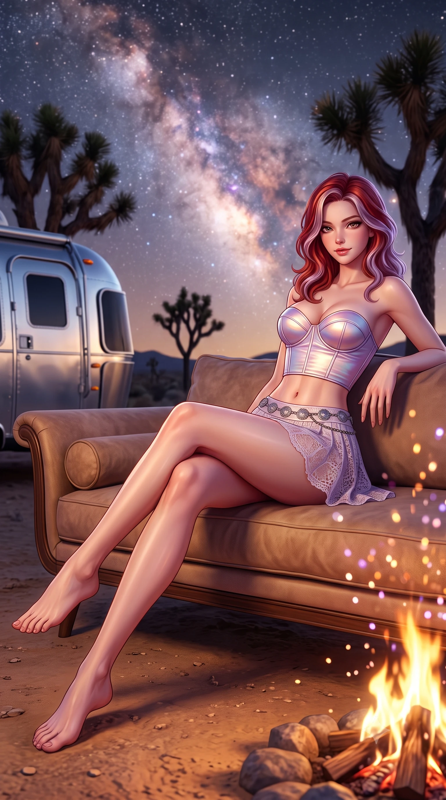 score_9, masterpiece, best quality, ultra-detailed, high-budget anime keyframe, semi-realistic 3D game render, editorial fashion photography, tasteful artistic composition, Caucasian woman. low angle full-body shot from head to toe showing her feet, filling the entire 9:16 vertical frame with her statuesque presence, stretching her vertical silhouette. reclining gracefully across the plush chaise lounge with one leg extended, her sculpted silhouette and flat midriff radiating magnetic nocturnal glamour while standing beside the crackling campfire in the open desert, arching her spine with seductive bohemian grace under the Milky Way. The background shows a soft-focus the dense glowing band of the Milky Way, silhouetted Joshua trees, and dancing fire sparks blurred into amethyst, amber, and diamond starlight bokeh. She has an absolutely perfect, statuesque 8.5-heads proportion, an exceptionally tall and slender model-like female figure with impossibly long slender legs, an ultra-slim waist, a flat toned midriff, narrow delicate ribcage, and beautifully sculpted feminine hips creating a graceful, slim hourglass silhouette without any bulky heaviness. sharp v-shaped jawline, high-bridge nose, sparkling eyes with hypnotic seductive depth, thick curled eyelashes, glossy parted lips with a natural dewy peach sheen, alluring bedroom-eyes with an enchanting coquettish smile, exuding magnetic siren charisma and sophisticated glamour, flawlessly proportioned anatomical accuracy, strict slender model proportions, natural body alignment, perfectly sculpted long slender limbs, ultra-slim waistline, clean dynamic posture without body distortion. wearing a strapless boned satin bustier paired with a micro-pleated tennis-style resort skirt framing her hourglass hips in iridescent mother-of-pearl and dusk lavender, made of delicate semi-sheer crochet lace with intricate openwork floral knit, accented with an intricate silver concho waist chain resting loosely on her curvy hips, the second-skin tailored fabric adhering flawlessly to her sculpted flat midriff and slender torso, emphasizing her long leg lines and perfectly proportioned willowy build. illuminated by aluminum trailer reflection bounce and sharp amber-gold rim lighting sculpting her jawline, flat midriff, and voluptuous hip curves. highly saturated vibrant anime colors, detailed shading with soft gradients, rich glossy textures, high-contrast stereoscopic depth, volumetric dynamic lighting, master piece, 9:16 ratio