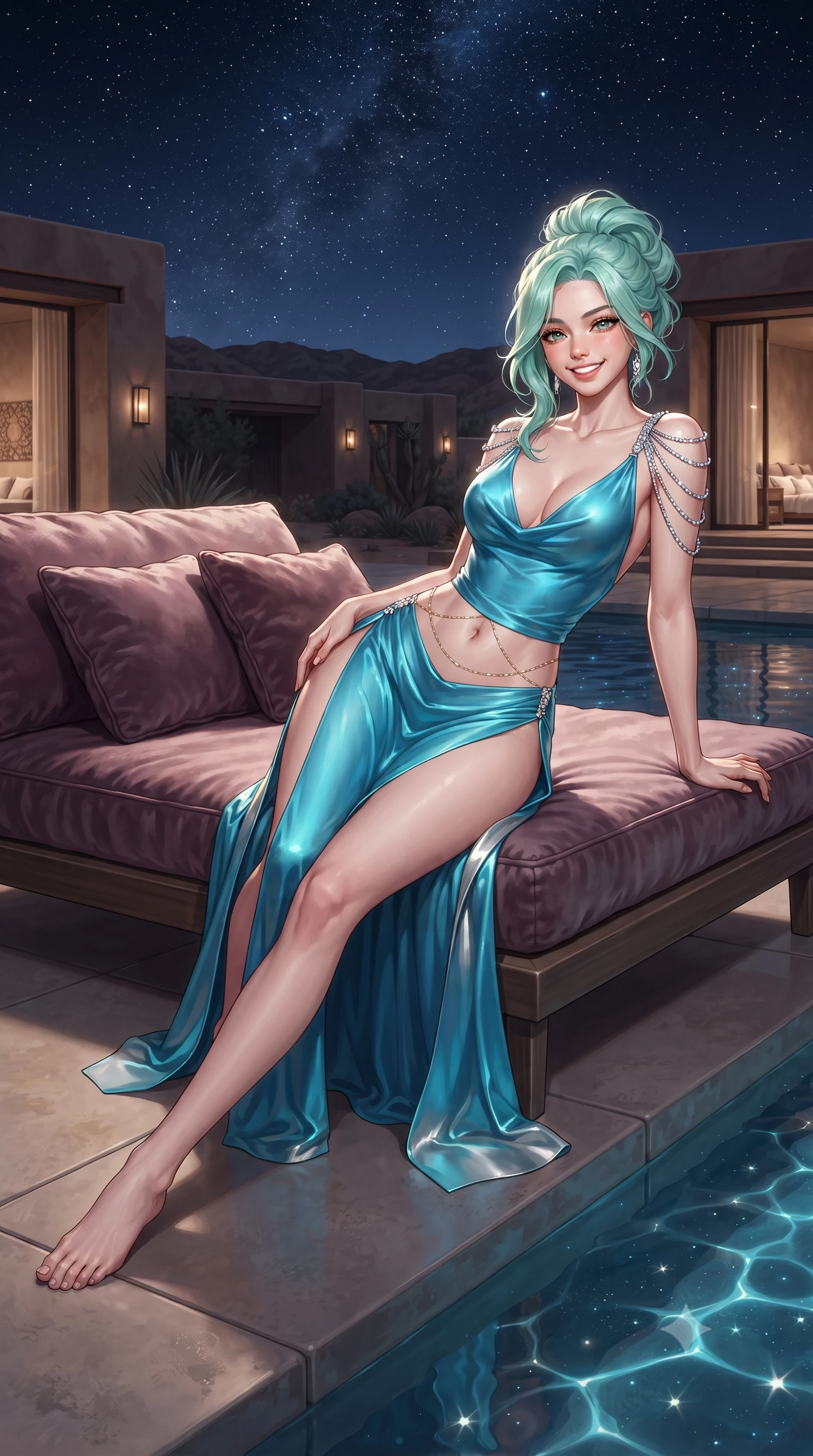 score_9, masterpiece, best quality, ultra-detailed, high-budget anime keyframe, editorial fashion photography, tasteful artistic composition, Japanese woman. low angle full-body shot from head to toe showing her feet, filling the entire 9:16 vertical frame with her statuesque presence, stretching her vertical silhouette. reclining gracefully across the plush chaise lounge with one leg extended, her sculpted silhouette and flat midriff radiating magnetic nocturnal glamour while twisting her slender torso in an alluring S-curve beside the water, thousands of desert stars reflecting across her dewy collarbones and hips. The surrounding environment is rendered in vivid detail and crisp panoramic clarity: detailed criss-cross halter crop top texture, tulip mini skirt drape, and luxury conservation architecture in razor-sharp precision. She has an exceptionally tall and slender model-like 8.5-heads proportion, an ultra-slim waist, a flat toned midriff, narrow delicate ribcage, and beautifully sculpted feminine hips creating a graceful, slim hourglass silhouette without any bulky heaviness, with impossibly long slender legs. sharp v-shaped jawline, high-bridge nose, intricate jewel-like sparkling eyes with depth, thick eyelashes, glossy parted lips with a natural peach sheen, bright cheerful beaming smile with an enchanting and coquettish sensual glint, exuding both youthful cute charm and seductive allure, flawlessly proportioned anatomical accuracy, strict slender model proportions, natural body alignment, perfectly sculpted long slender limbs, ultra-slim waistline, clean dynamic posture without body distortion. wearing a plunging cowl-neck liquid satin resort gown with dramatic hip-high side slits and crystal shoulder cords in Shibuya electric cyan and chrome silver, made of semi-opaque stretch illusion mesh with soft shadowy contours along her waist, accented with a dainty gold belly chain resting across her flat midriff and curving hips, the liquid-tight tailored fabric clinging flawlessly to her narrow waist and rounded feminine hips, emphasizing every millimeter of her sculpted slim hourglass curves without any bulky heaviness. illuminated by pool caustics bounce and crisp silver-gold rim lights defining her razor-sharp jawline, narrow waist, and curvy hips. ultra-reflective glossy finish, specular highlights, rich textural contrasts, high-contrast stereoscopic depth, volumetric dynamic lighting, 2k, ultra detail, master piece, 9:16 ratio