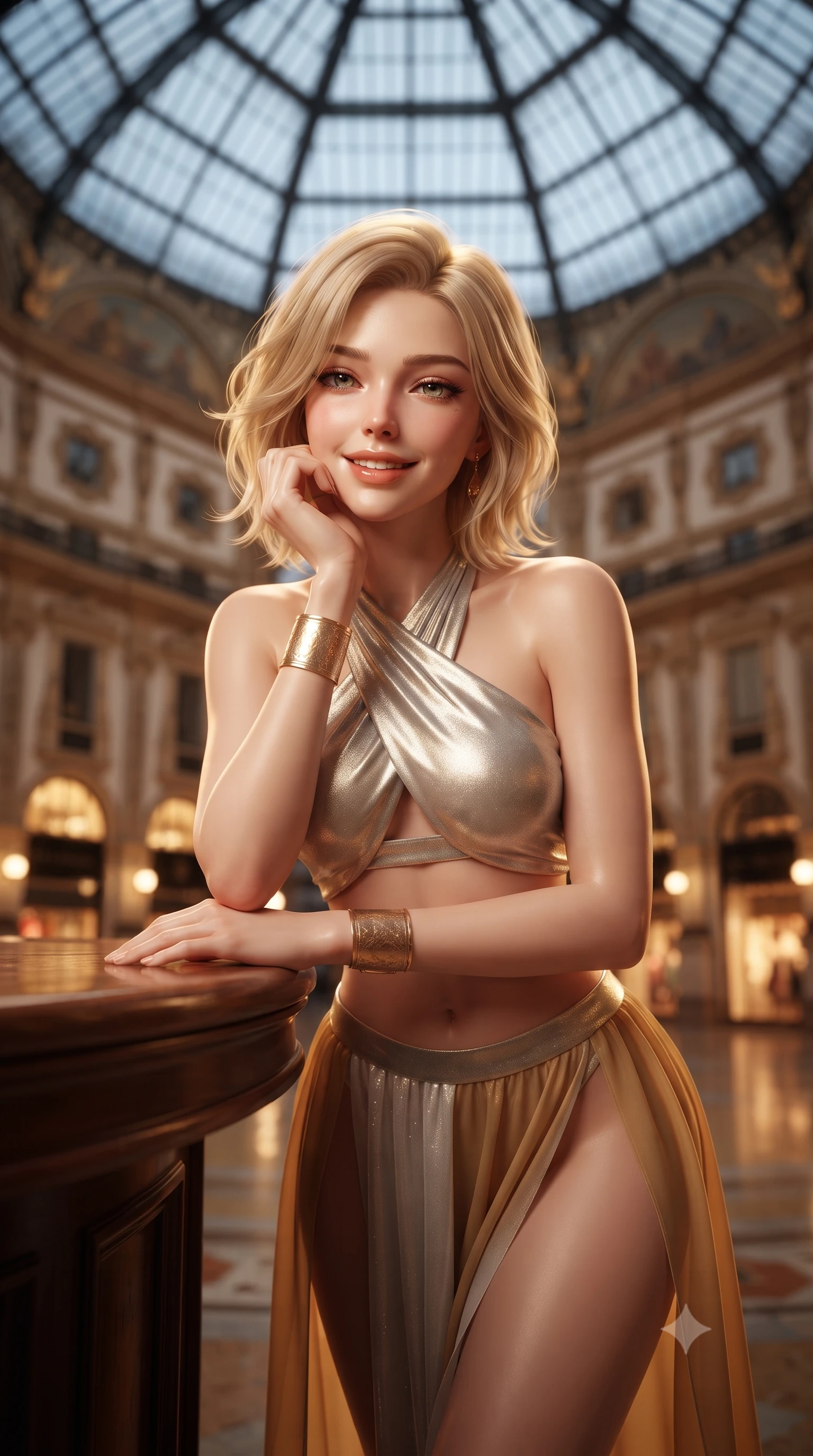score_9, masterpiece, best quality, ultra-detailed, high-budget anime keyframe, editorial fashion photography, tasteful artistic composition, Caucasian woman. close-up cowboy shot from the waist and thighs up, the character dominates the composition, filling the frame with her large presence. resting one elbow on the table and supporting her chin, leaning close to the camera with heavy-lidded sparkling eyes and parted lips while standing centered beneath the soaring octagonal glass dome in the quiet midnight arcade, arching her spine with sovereign supermodel poise. The background shows a soft-focus illuminated wrought-iron and glass vaulted ceiling, gilded coats-of-arms, and glowing luxury fashion windows blurred into amber, mahogany, and brass bokeh. She has an exceptionally elegant, slender, and willowy female figure with an ultra-slim waist, flat toned midriff, narrow ribcage, and sculpted feminine hips creating an alluring, slim hourglass silhouette without bulk. sharp v-shaped jawline, high-bridge nose, intricate jewel-like sparkling eyes with depth, thick eyelashes, glossy parted lips with a natural peach sheen, bright cheerful beaming smile with an enchanting and coquettish sensual glint, exuding both youthful cute charm and seductive allure, flawlessly proportioned anatomical accuracy, strict slender model proportions, natural body alignment, perfectly sculpted long slender limbs, ultra-slim waistline, clean dynamic posture without body distortion. wearing a modern Arabian-inspired metallic lame wrap top with bare midriff and a high-slit chiffon harem pant skirt in Dubai desert golden hour amber and pure starlight platinum, made of fluid liquid jersey with seamless sculpting hold and smooth contours, accented with delicate golden wrist cuffs reflecting warm chandelier light, the glove-like clinging cut tightly following the natural contour of her hips and long slender legs with youthful 8.5-heads elegance. bathed in warm 3000K incandescent archway floodlights and glittering luxury storefront vitrine illumination. ultra-reflective glossy finish, specular highlights, rich textural contrasts, high-contrast stereoscopic depth, volumetric dynamic lighting, 2k, ultra detail, master piece, 9:16 ratio