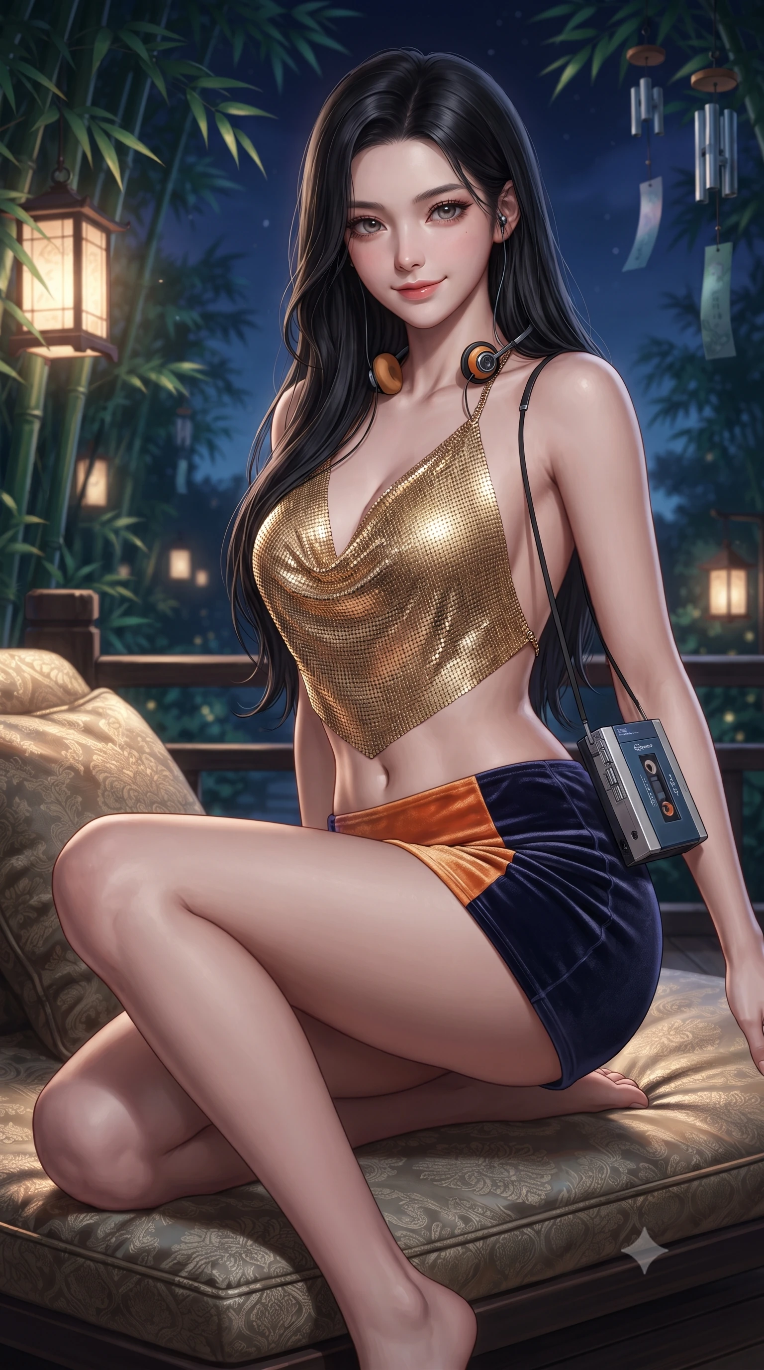 score_9, masterpiece, best quality, ultra-detailed, high-budget anime keyframe, editorial fashion photography, tasteful artistic composition, Korean woman. close-up cowboy shot from the waist and thighs up, the character dominates the composition, filling the frame with her large presence. perched sideways on the lounge seat, one knee drawn up to showcase her slender leg line while her arched back accentuates her feminine hip curve while twisting her slender torso in an alluring S-curve, dappled silver moonlight tracing her form-fitting outfit and curvaceous hips. The background shows a soft-focus swaying emerald bamboo leaves, wind chimes, and deep indigo night sky blurred into seafoam, charcoal, and silver bokeh. She has an exceptionally elegant, slender, and willowy female figure with an ultra-slim waist, flat toned midriff, narrow ribcage, and sculpted feminine hips creating an alluring, slim hourglass silhouette without bulk. sharp v-shaped jawline, high-bridge nose, sparkling eyes with hypnotic seductive depth, thick curled eyelashes, glossy parted lips with a natural dewy peach sheen, alluring bedroom-eyes with an enchanting coquettish smile, exuding magnetic siren charisma and sophisticated glamour, flawlessly proportioned anatomical accuracy, strict slender model proportions, natural body alignment, perfectly sculpted long slender limbs, ultra-slim waistline, clean dynamic posture without body distortion. wearing a liquid gold chainmail cowl halter top paired with an ultra-low-rise velvet mini skirt in sunset tangerine orange and deep navy indigo, tailored from ultra-plush velvet with rich tactile depth and deep shadow gradients, complemented by a retro cassette walkman with vintage foam-padded orange headphones, the glove-like clinging cut tightly following the natural contour of her hips and long slender legs with youthful 8.5-heads elegance. illuminated by soft lantern warm fill and sharp silvery rim lighting defining her collarbones, flat midriff, and curvaceous hips. ultra-reflective glossy finish, specular highlights, rich textural contrasts, high-contrast stereoscopic depth, volumetric dynamic lighting, 2k, ultra detail, master piece, 9:16 ratio