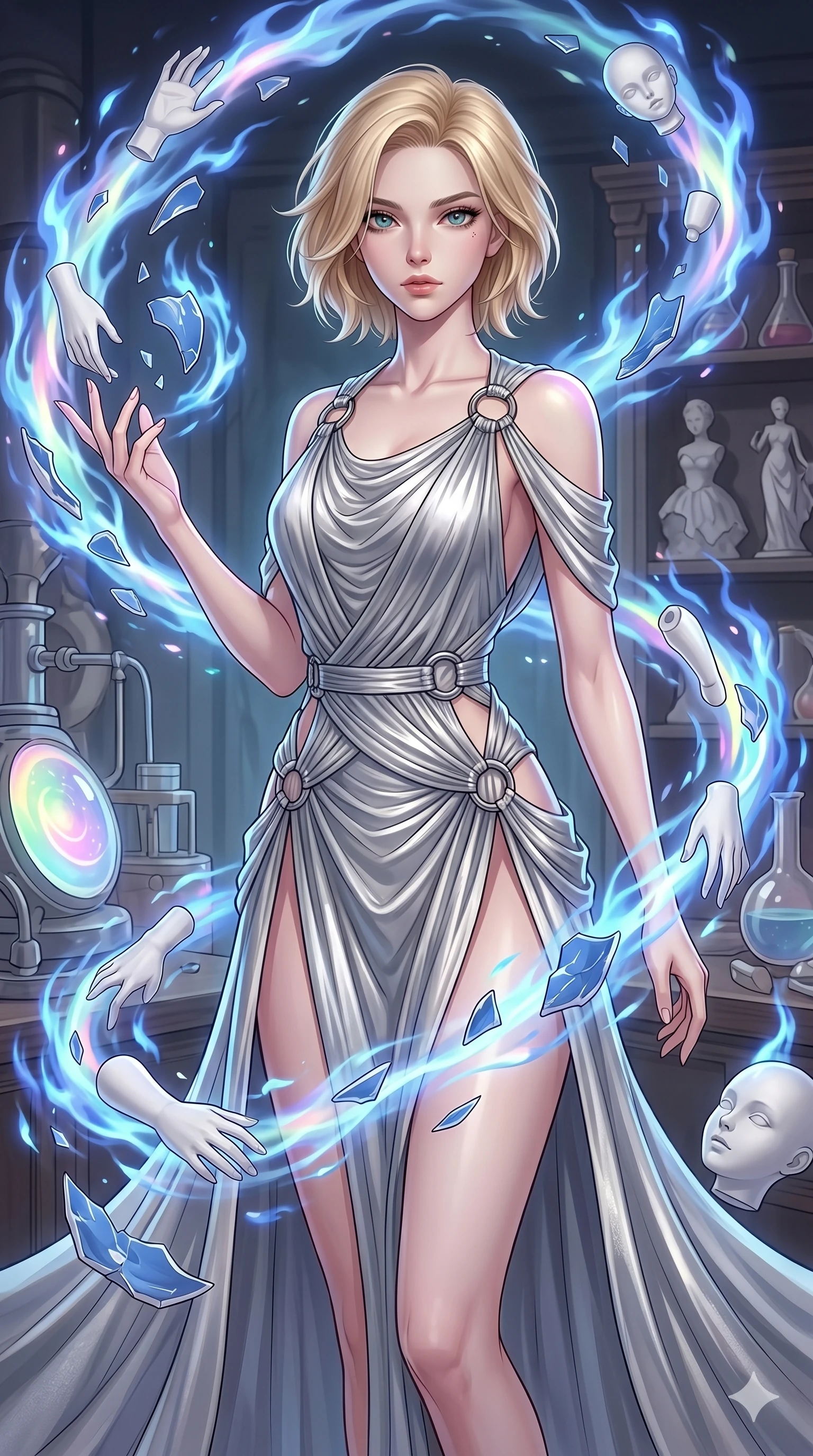 score_9, masterpiece, best quality, ultra-detailed, high-budget anime keyframe, Caucasian woman, strictly human ears. upper body close-up from the thighs up, character filling the screen for maximum presence. assisting in an alchemical porcelain workshop where floating white bisque doll parts and blue porcelain shards swirl amidst blue alchemical flames. She has an absolutely perfect 8-heads proportion, an exceptionally tall and slender female figure with impossibly long slender legs and an ultra-slim waist. V-shaped jawline, high-bridge nose, intricate jewel-like eyes with depth, thick eyelashes, glossy lips with a natural sheen.. wearing a draped Grecian cyber-gown, featuring draped silver metallic chiffon held by metal ring hardware, displaying a high-leg line. enhanced by a luminous pastel spectrum glow, casting elegant rim lights on her shoulders and jawline. 2k, ultra detail, master piece, 9:16 ratio