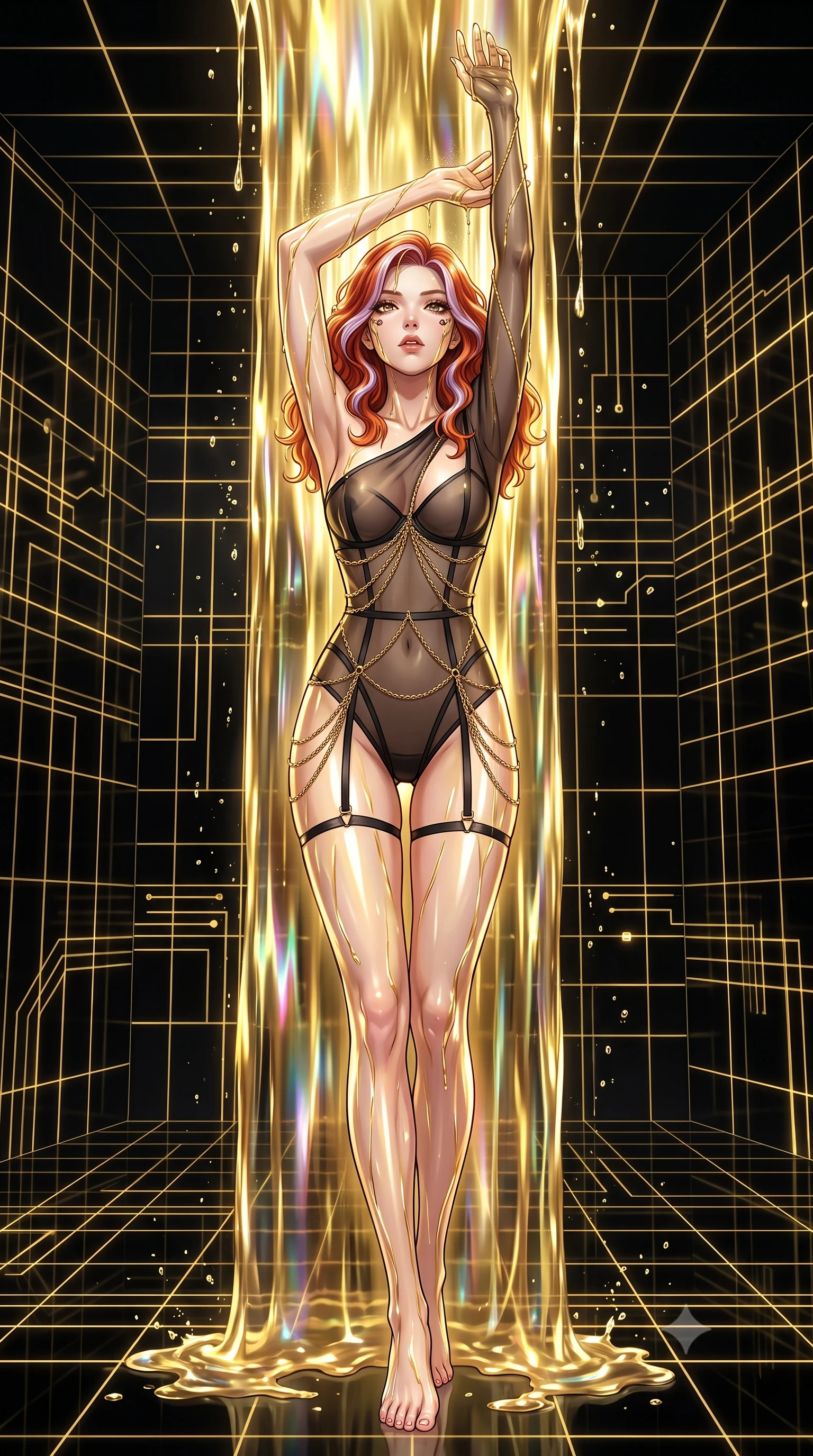 score_9, masterpiece, best quality, ultra-detailed, High-budget Anime Keyframe, Caucasian woman, strictly human ears. Dynamic full-body shot stretching the vertical silhouette to the limit. Scenario 341: standing under a waterfall of liquid gold, the fluid coating her form, in a digital arena where gold gridlines project onto the black walls. Her presence is magnetic and overpowering in this high-budget anime scene. Outfit 341: a form-contouring sheer organza garter with a low-cut shoulder and fine gold chains. The clothing is designed to emphasize her exceptionally tall and slender 8-heads proportion. 8-heads proportion, towering silhouette, ultra-slim waist. sharp v-shaped jawline, intricate jewel-like eyes with depth, thick eyelashes, glossy lips. 2k, ultra detail, master piece, 9:16 ratio