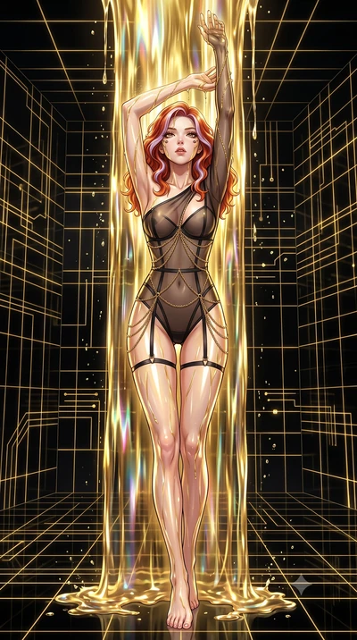 score_9, masterpiece, best quality, ultra-detailed, High-budget Anime Keyframe, Caucasian woman, strictly human ears. Dynamic full-body shot stretching the vertical silhouette to the limit. Scenario 341: standing under a waterfall of liquid gold, the