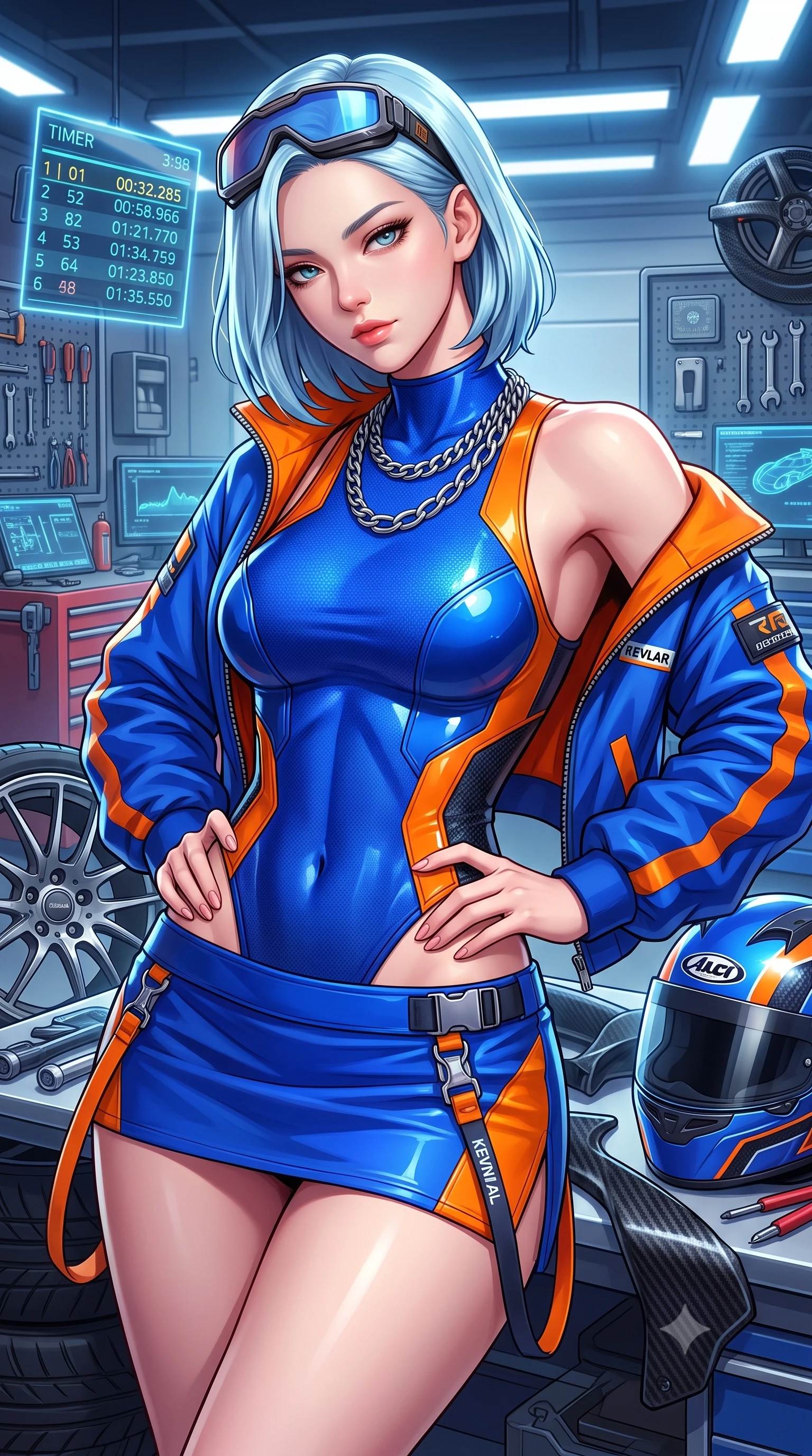 score_9, masterpiece, best quality, ultra-detailed, high-budget anime keyframe, semi-realistic 3D game render, editorial fashion photography, tasteful artistic composition, Korean woman. close-up cowboy shot from the waist and thighs up, the character dominates the composition, filling the frame with her large presence. leaning back with relaxed seductive grace, her sculpted collarbones highlighted by light, casting smoldering bedroom-eyes directly into the lens while twisting her athletic torso in an alluring S-curve while resting both hands on her hips, looking past the camera with fearless allure. The surrounding environment is rendered in vivid detail and crisp panoramic clarity. detailed holographic timing displays, alloy wheel spokes, and high-tech racing helmet in high clarity. She has an exceptionally elegant, slender, and willowy female figure with an ultra-slim waist, a gracefully sculpted slender torso, toned flat midriff, and a refined slim silhouette. sharp v-shaped jawline, high-bridge nose, intricate jewel-like eyes with depth, thick eyelashes, glossy parted lips with a natural sheen, intensely captivating and seductive expression, flawlessly proportioned anatomical accuracy, strict slender model proportions, natural body alignment, perfectly sculpted long slender limbs, ultra-slim waistline, clean dynamic posture without body distortion. wearing a sporty high-cut racerback bodysuit paired with an open technical windbreaker and micro-skirt in electric cobalt blue and high-contrast orange, tailored from abrasion-resistant Kevlar weave with glossy protective panels, accessorized with a chunky chrome chain necklace and cyber-visor goggles on her brow, the athletic second-skin cut highlighting her toned flat midriff and slender model proportions during dynamic action. illuminated by crisp directional rim lighting sharply defining her razor-sharp jawline and feminine curves. highly saturated vibrant anime colors, detailed shading with soft gradients, rich glossy textures, high-contrast stereoscopic depth, volumetric dynamic lighting, master piece, 9:16 ratio