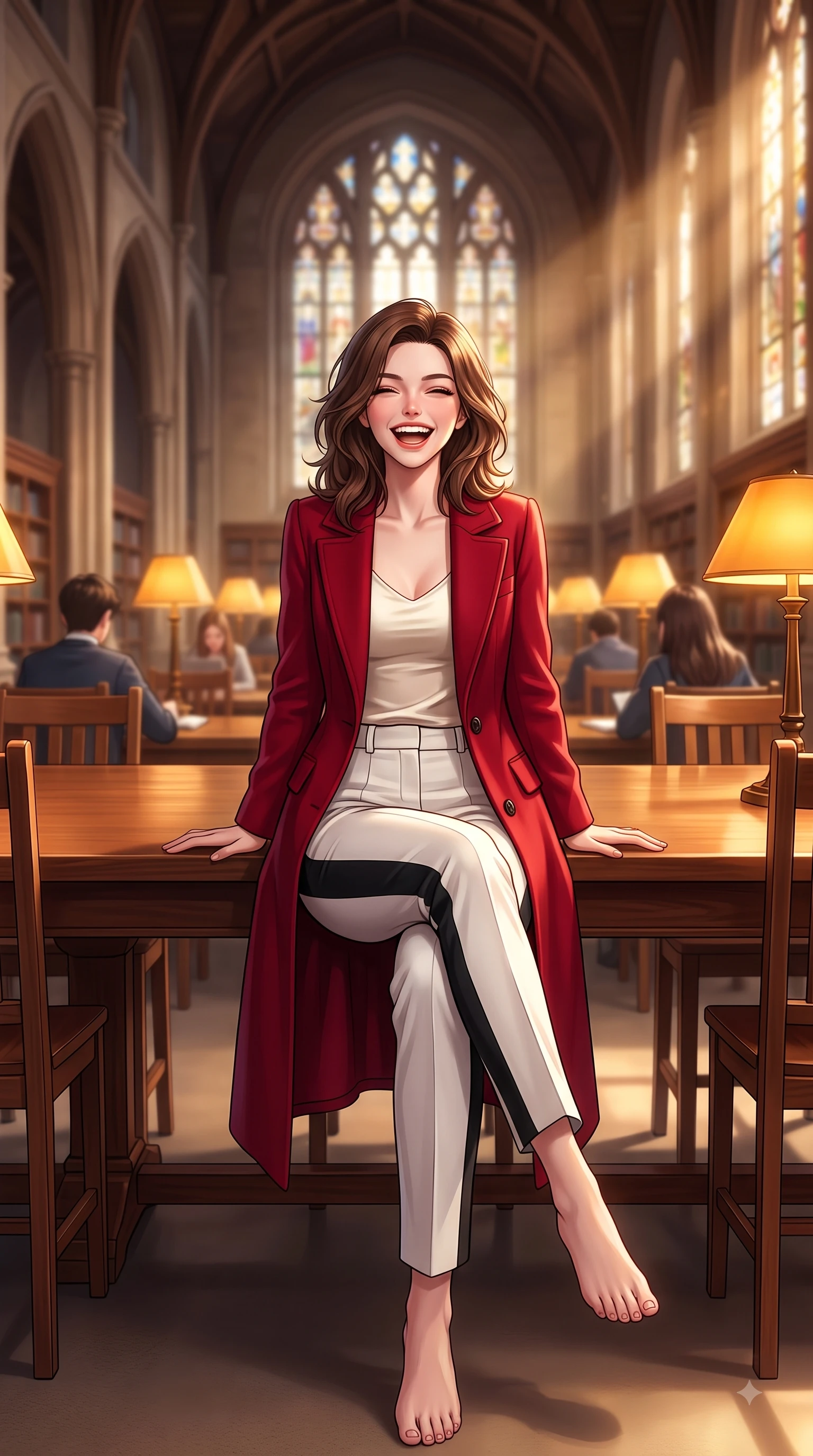 score_9, masterpiece, best quality, ultra-detailed, high-budget anime keyframe, editorial fashion photography, tasteful artistic composition, Korean woman. low angle full-body shot from head to toe showing her feet, filling the entire 9:16 vertical frame with her statuesque presence, stretching her vertical silhouette. Beaming joyful energy with a infectious laughter that brightens the entire composition while sitting at a long wooden study table under tall stained glass windows in golden sunbeams. The composition keeps background elements in soft focus with dreamy bokeh. tall arched library halls blurring smoothly into a sophisticated academic backdrop. She has an absolutely perfect, statuesque 8.5-heads proportion, an exceptionally tall and slender model-like female figure with impossibly long slender legs and an ultra-slim waist. sharp v-shaped jawline, high-bridge nose, intricate jewel-like eyes with depth, thick eyelashes, glossy lips with a natural sheen, flawlessly proportioned anatomical accuracy, natural body alignment, perfectly sculpted elegant limbs, clean dynamic posture without body distortion. wearing a tailored crimson red wool coat over a fitted ivory silk top and tailored trousers in monochrome white and glossy black contrast, tailored from structured wool crepe with clean lines, complemented by clean architectural seams and subtle cutouts, the chic fashion cut framing her graceful clavicle and slender torso. illuminated by warm glowing amber desk lamps and rich wood refractions. highly saturated vibrant anime colors, detailed shading with soft gradients, rich glossy textures, high-contrast stereoscopic depth, volumetric dynamic lighting, master piece, 9:16 ratio
