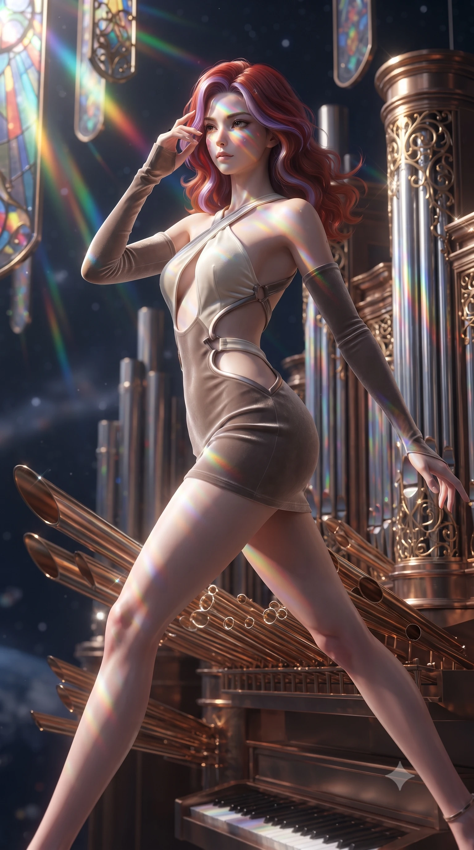 score_9, masterpiece, best quality, ultra-detailed, high-budget anime keyframe, editorial fashion photography, tasteful artistic composition, Caucasian woman. close-up cowboy shot from the waist and thighs up, the character dominates the composition, filling the frame with her large presence, background elements kept in soft focus. Resting her fingers gracefully near her temple, casting a sharp mysterious side-gaze during her stride while leaping gracefully across massive bronze pipe organ tubes suspended in deep space, golden filigree organ pipes casting intricate metallic reflections in mid-air. She has an exceptionally elegant, slender, and willowy female figure with an ultra-slim waist, a gracefully sculpted slender torso, and a refined silhouette. sharp v-shaped jawline, high-bridge nose, intricate jewel-like eyes with depth, thick eyelashes, glossy lips with a natural sheen, flawlessly proportioned anatomical accuracy, natural body alignment, perfectly sculpted elegant limbs, clean dynamic posture without body distortion. wearing a dramatic open-waist cutout mini dress framed by sculptural hardware in muted taupe and soft ivory, made of premium stretch velvet with a rich sheen, complemented by criss-cross back straps highlighting her bare shoulders, the glove-like fit emphasizing her statuesque silhouette during motion. illuminated by cascading rainbow prismatic light refracting through stained glass. ultra-reflective glossy finish, specular highlights, metallic sheen, high-contrast stereoscopic depth, volumetric dynamic lighting, 2k, ultra detail, master piece, 9:16 ratio