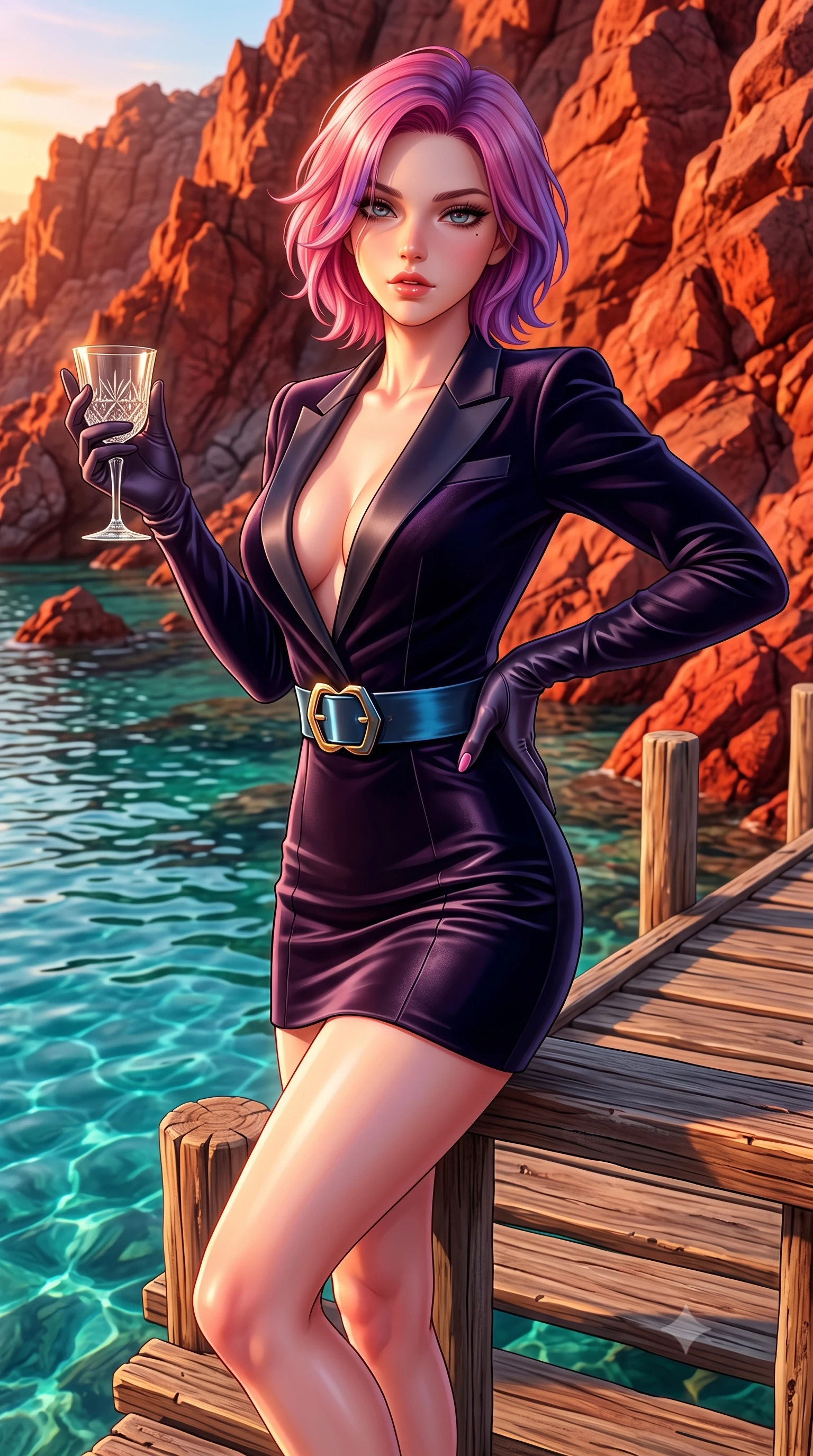 score_9, masterpiece, best quality, ultra-detailed, high-budget anime keyframe, semi-realistic 3D game render, editorial fashion photography, tasteful artistic composition, Caucasian woman. close-up cowboy shot from the waist and thighs up, the character dominates the composition, filling the frame with her large presence. resting one manicured hand delicately on her hip bone, her upper body turning in a fluid, seductive S-curve while parted lips glisten in the light while perching on the rustic wooden dock beside clear turquoise cove waters, arching her back as towering red volcanic cliffs glow in the setting sun. The surrounding environment is rendered in vivid detail and crisp panoramic clarity. sharp volcanic red stone cliff textures, rustic wooden dock planks, and clear Aegean water caustics in deep focus. She has an exceptionally elegant, slender, and willowy female figure with an ultra-slim waist, flat toned midriff, narrow ribcage, and sculpted feminine hips creating an alluring, slim hourglass silhouette without bulk. sharp v-shaped jawline, high-bridge nose, intricate jewel-like eyes with depth, thick eyelashes, glossy parted lips with a natural sheen, intensely captivating and seductive bedroom-eyes expression, flawlessly proportioned anatomical accuracy, strict slender model proportions, natural body alignment, perfectly sculpted long slender limbs, ultra-slim waistline, clean dynamic posture without body distortion. wearing a tailored velvet tuxedo jacket dress with satin lapels, worn with a deep plunge neckline and gold hip buckle in metallic gunmetal and electric azure, formed from supple second-skin lambskin leather with specular sheen, accessorized with opera-length satin gloves and a vintage crystal glass, the glove-like aerodynamic silhouette tightly following the natural contour of her hips and long slender legs with statuesque 8.5-heads elegance. bathed in intense golden hour Aegean sunset glow reflecting off deep red volcanic rocks. highly saturated vibrant anime colors, detailed shading with soft gradients, rich glossy textures, high-contrast stereoscopic depth, volumetric dynamic lighting, master piece, 9:16 ratio