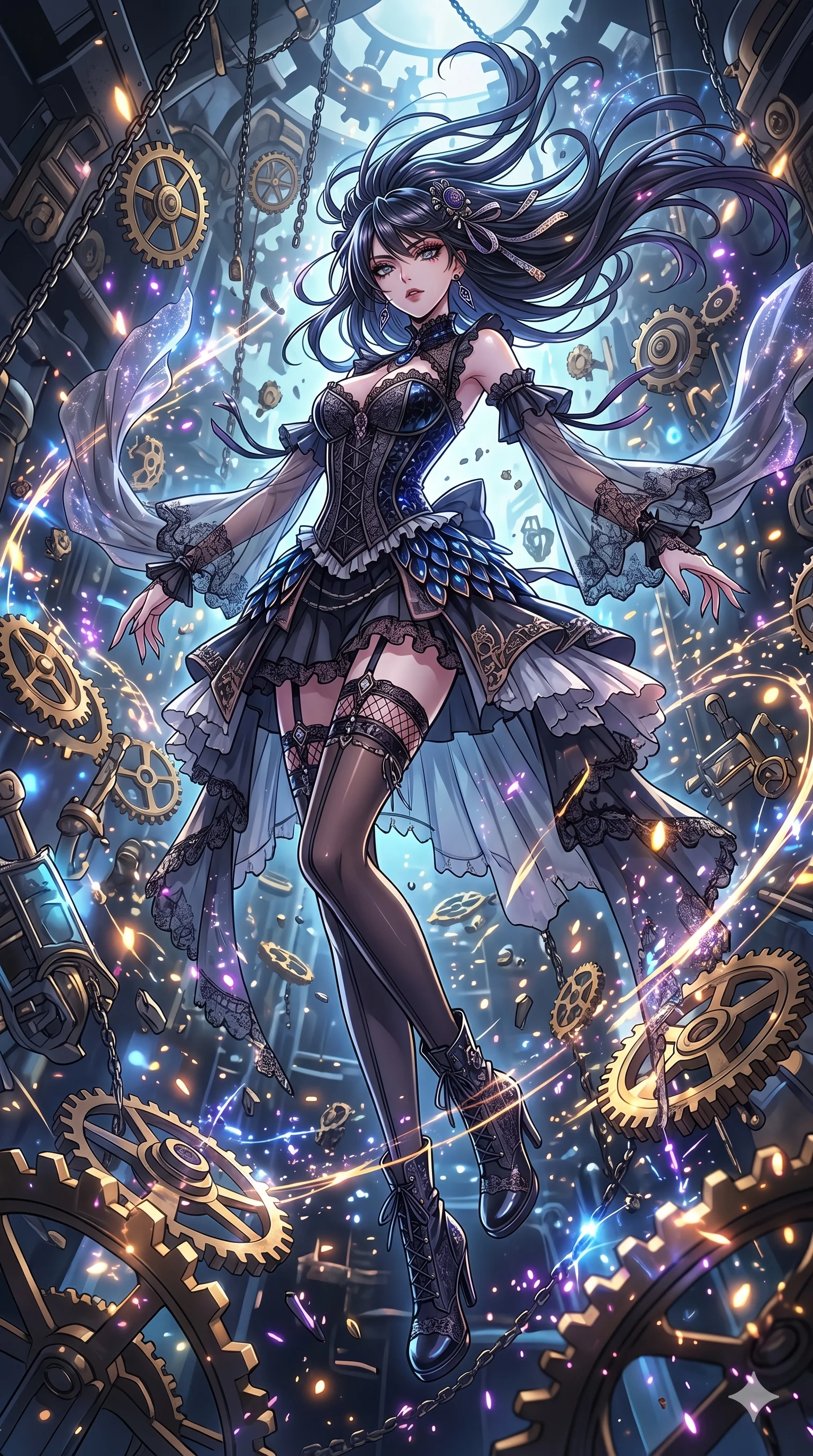 score_9, masterpiece, best quality, ultra-detailed, Set A: High-budget Anime Keyframe, Japanese woman. Low angle cowboy shot filling the entire 9:16 frame with her statuesque presence. Floating through a throne of gears, as gravity fails and everything around her floats in state 296 and surrounded by glowing energy sparks. She has an absolutely perfect 8-heads proportion, an exceptionally tall and slender female figure with impossibly long slender legs and an ultra-slim waist. Sharp v-shaped jawline, high-bridge nose, intricate jewel-like eyes with depth, thick eyelashes, glossy lips with a natural sheen. Wearing Gothic lace corset mini-dress with sheer bell-sleeves and obsidian glass scales. Cinematic lighting, vibrant colors, dramatic shadows, 2k, ultra detail, master piece, 9:16 ratio