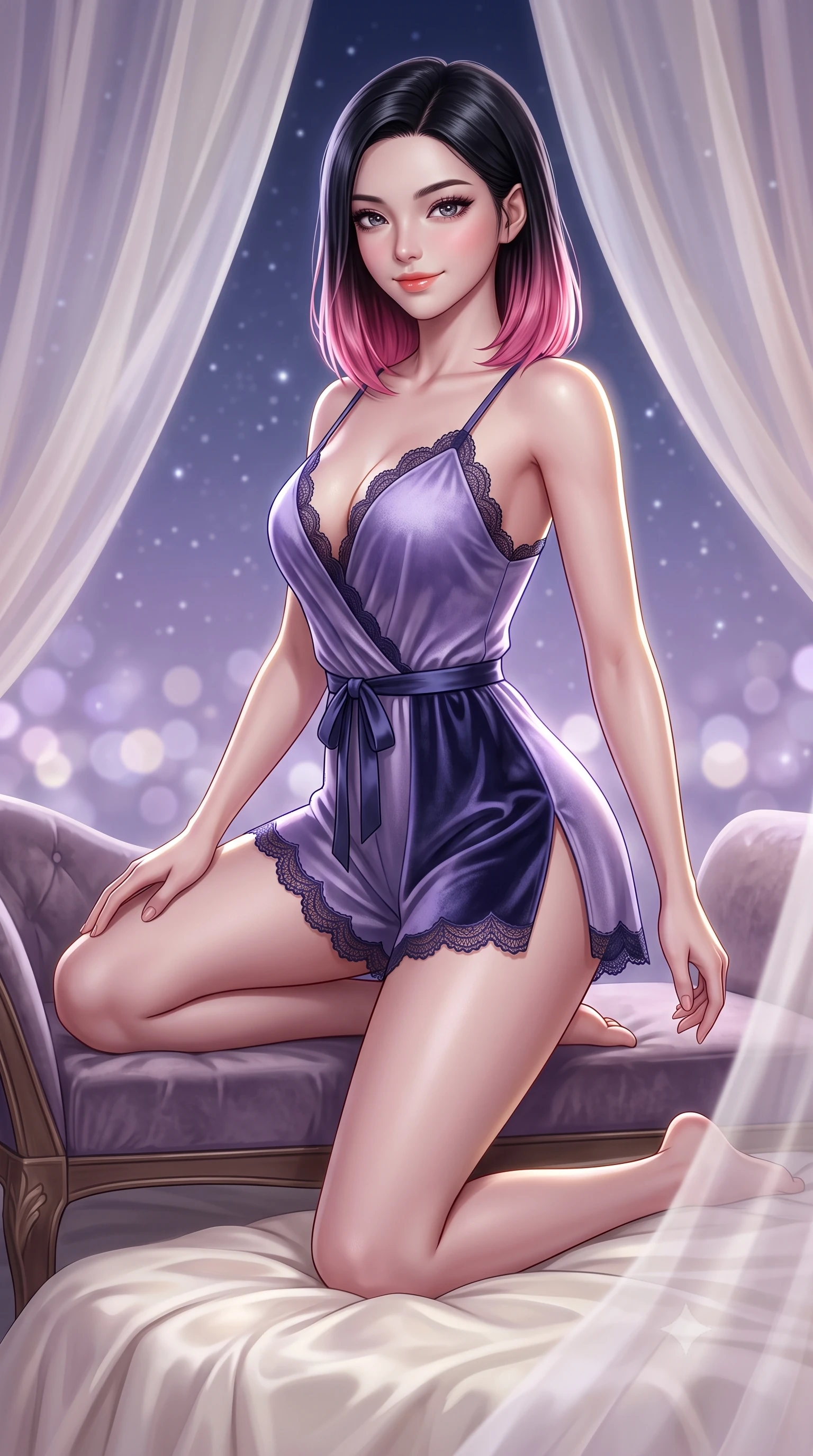 score_9, masterpiece, best quality, ultra-detailed, high-budget anime keyframe, semi-realistic 3D game render, editorial fashion photography, tasteful artistic composition, Korean woman. close-up cowboy shot from the waist and thighs up, the character dominates the composition, filling the frame with her large presence. perched sideways on the velvet lounge chair, one knee drawn up to showcase her slender leg line while her arched back accentuates her feminine hip curve while kneeling gracefully on the plush ivory silk duvet beneath cascading sheer drapes, arching her lower back with breathless bedroom-allure. The background shows a soft-focus floating sheer ivory silk canopy drapes and the endless starry midnight sky outside blurred into soft lavender, pearl, and silver bokeh. She has an exceptionally elegant, slender, and willowy female figure with an ultra-slim waist, flat toned midriff, narrow ribcage, and sculpted feminine hips creating an alluring, slim hourglass silhouette without bulk. sharp v-shaped jawline, high-bridge nose, sparkling eyes with hypnotic seductive depth, thick curled eyelashes, glossy parted lips with a natural dewy peach sheen, alluring bedroom-eyes with an enchanting coquettish smile, exuding magnetic siren charisma and sophisticated high-fashion glamour, flawlessly proportioned anatomical accuracy, strict slender model proportions, natural body alignment, perfectly sculpted long slender limbs, ultra-slim waistline, clean dynamic posture without body distortion. wearing a plunge-neck stretch velvet romper with scalloped eyelash-lace hems and a cinched waist ribbon in twilight lavender and midnight indigo, woven from buttery-soft stretch lambskin leather adhering to her body like a second skin, finished with scalloped eyelash lace trim framing her sweetheart neckline with intimate elegance, the high-slit wrap tailoring accentuating her ultra-slim waistline and the enchanting curve of her feminine hips with alluring seductive charm. illuminated by moonlight fill and sharp platinum-gold rim lights sculpting her delicate clavicles, narrow waist, and curvaceous hips. highly saturated vibrant anime colors, detailed shading with soft gradients, rich glossy textures, high-contrast stereoscopic depth, volumetric dynamic lighting, master piece, 9:16 ratio