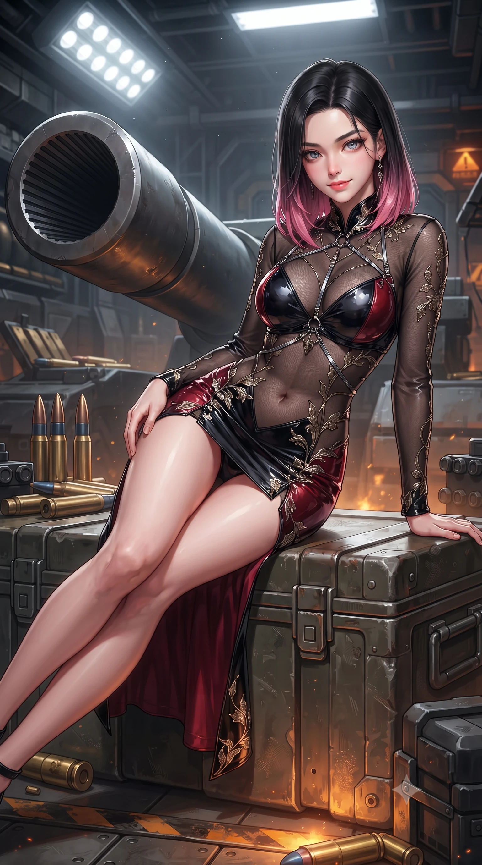 score_9, masterpiece, best quality, ultra-detailed, high-budget anime keyframe, editorial fashion photography, tasteful artistic composition, Korean woman. close-up cowboy shot from the waist and thighs up, the character dominates the composition, filling the frame with her large presence. leaning forward while arching her lower back to accentuate her curvy hips, looking into the camera with an intoxicating smoldering gaze and bedroom-eyes while lounging gracefully across the heavy ammo transport crate propped on one elbow with legs extended, displaying her long slender limbs and statuesque hourglass silhouette. The surrounding environment is rendered in vivid detail and crisp panoramic clarity: sharp rifling grooves inside massive cannon muzzle, polished brass shell casings, and heavy industrial armor bolts in deep focus. She has an exceptionally elegant, slender, and willowy female figure with an ultra-slim waist, flat toned midriff, narrow ribcage, and sculpted feminine hips creating an alluring, slim hourglass silhouette without bulk. sharp v-shaped jawline, high-bridge nose, intricate jewel-like sparkling eyes with depth, thick eyelashes, glossy parted lips with a natural peach sheen, bright cheerful beaming smile with an enchanting and coquettish sensual glint, exuding both youthful cute charm and seductive allure, flawlessly proportioned anatomical accuracy, strict slender model proportions, natural body alignment, perfectly sculpted long slender limbs, ultra-slim waistline, clean dynamic posture without body distortion. wearing a provocative sheer noir illusion mesh combat dress with embroidered climbing metallic ivy ribbons contouring her curves in Star-Fortress obsidian black and imperial crimson, tailored from high-gloss patent leather with mirror-like specular highlights, accented with a chrome-drop body harness subtly framing her dewy collarbones and spine, the form-contouring silhouette accentuating her sculpted flat midriff, narrow delicate ribcage, and gracefully curvy hips with intoxicating allure. bathed in high-contrast industrial amber hazard lighting combined with cool white work floodlights. ultra-reflective glossy finish, specular highlights, rich textural contrasts, high-contrast stereoscopic depth, volumetric dynamic lighting, 2k, ultra detail, master piece, 9:16 ratio