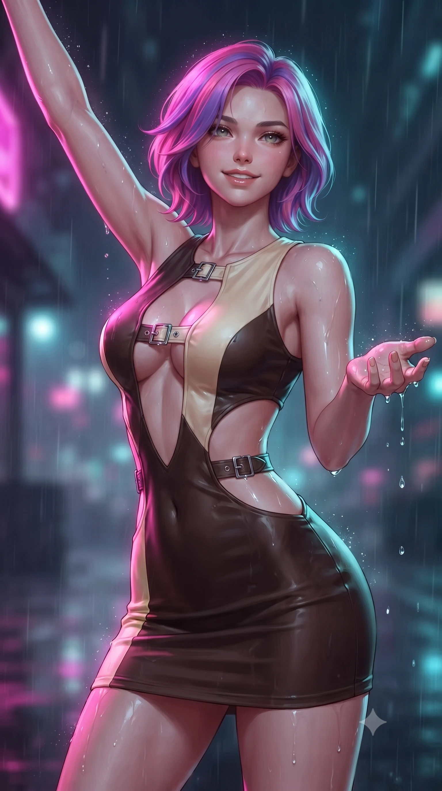 score_9, masterpiece, best quality, ultra-detailed, high-budget anime keyframe, editorial fashion photography, tasteful artistic composition, Caucasian woman. close-up cowboy shot from the waist and thighs up, the character dominates the composition, filling the frame with her large presence, background elements kept in soft focus. Extending one arm in an elegant stretch toward the light while smiling with magnetic self-assurance while reaching forward with one hand to catch rain droplets catching neon speculars, soft urban mist scattering vibrant magenta and cyan neon rim light around her form. She has an exceptionally elegant, slender, and willowy female figure with an ultra-slim waist, a gracefully sculpted slender torso, and a refined silhouette. sharp v-shaped jawline, high-bridge nose, intricate jewel-like eyes with depth, thick eyelashes, glossy lips with a natural sheen, flawlessly proportioned anatomical accuracy, natural body alignment, perfectly sculpted elegant limbs, clean dynamic posture without body distortion. wearing a dramatic open-waist cutout mini dress framed by sculptural hardware in espresso brown and warm cream, crafted from smooth liquid silk, detailed with polished silver buckles along the waistline, the tailored fabric tightly following every curve of her athletic build. drenched in wet neon reflections with brilliant specular highlights on her silhouette. ultra-reflective glossy finish, specular highlights, metallic sheen, high-contrast stereoscopic depth, volumetric dynamic lighting, 2k, ultra detail, master piece, 9:16 ratio