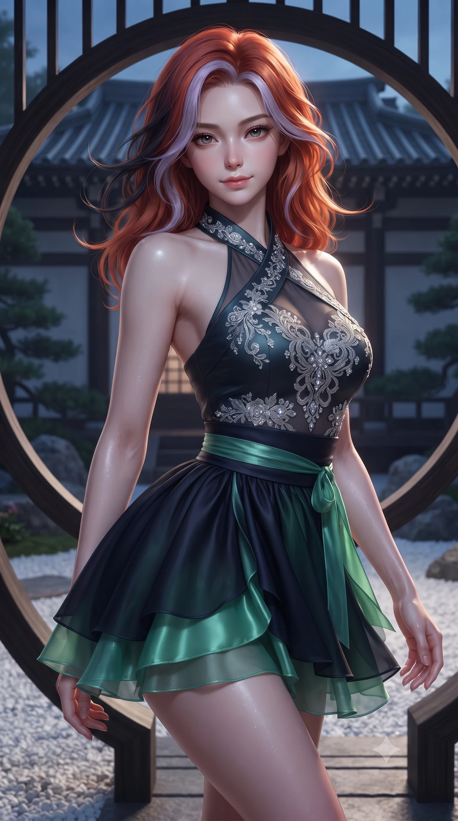 score_9, masterpiece, best quality, ultra-detailed, high-budget anime keyframe, editorial fashion photography, tasteful artistic composition, Caucasian woman. close-up cowboy shot from the waist and thighs up, the character dominates the composition, filling the frame with her large presence. turning slowly with a smoldering smile, her glossy dark hair tossing in the evening breeze as her hips angle gracefully in a captivating contrapposto while leaning against the circular timber frame with hips cocked back, looking into the lens with an enchanting, tranquil bedroom-gaze. The surrounding environment is rendered in vivid detail and crisp panoramic clarity: detailed raw silk fabric sheen, moonlight specular highlights on skin, and classical Zen temple architecture in razor-sharp precision. She has an exceptionally elegant, slender, and willowy female figure with an ultra-slim waist, flat toned midriff, narrow ribcage, and sculpted feminine hips creating an alluring, slim hourglass silhouette without bulk. sharp v-shaped jawline, high-bridge nose, intricate jewel-like dark sparkling almond eyes with depth, thick lashes, glossy parted lips with a natural rose-plum sheen, bright alluring and coquettish smile with bedroom-eyes, exuding both timeless oriental elegance and sovereign high-fashion allure, flawlessly proportioned anatomical accuracy, strict slender model proportions, natural body alignment, perfectly sculpted long slender limbs, ultra-slim waistline, clean dynamic posture without body distortion. wearing a modern halter-neck fusion hanbok bodice with delicate silver embroidery and a fluttering layered chiffon wrap mini skirt in deep midnight obsidian and luminous imperial jade green, crafted from heavy fluid silk satin with a liquid mirror-like sheen, finished with subtle crystal rhinestones tracing the elegant neckline, the form-contouring cut accentuating her sculpted flat midriff, narrow delicate ribcage, and gracefully curvy hips with regal oriental supermodel elegance. illuminated by white gravel bounce fill and sharp crystalline platinum rim lighting sculpting her razor-sharp jawline, narrow waist, and curvy hips. ultra-reflective glossy finish, specular highlights, rich textural contrasts, high-contrast stereoscopic depth, volumetric dynamic lighting, 2k, ultra detail, master piece, 9:16 ratio