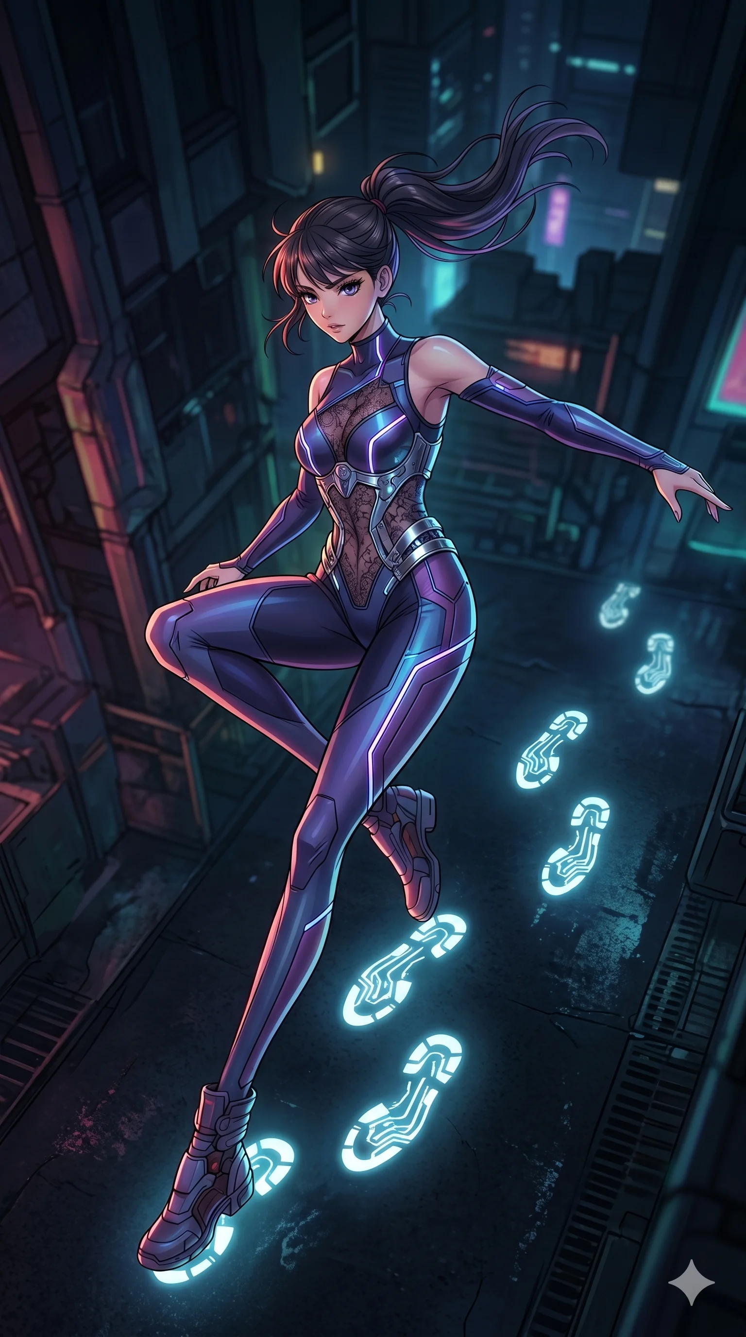 score_9, masterpiece, best quality, ultra-detailed, high-budget anime movie keyframe, cinematic anime lighting, intricate line art, Japanese woman. Extreme high angle shot as she leaps towards the camera, filling the frame. looking back at her own footprints which are glowing in the dark. She has an absolutely perfect 8-heads proportion, an exceptionally tall and slender female figure with graceful and slender proportions. strictly human anatomy, two legs only, no extra limbs, clearly defined legs and arms, perfect anatomy, perfect hands and fingers. sharp v-shaped jawline, high-bridge nose, intricate jewel-like eyes, thick eyelashes, glossy lips. Wearing Cyber-Tech Legacy: Asymmetrical sleek tech-bodysuit with detached sleeves and chrome-plated corset over sheer lace. The scene is illuminated by dramatic atmospheric lighting and vibrant color palettes. , 2k, ultra detail, master piece, 9:16 ratio