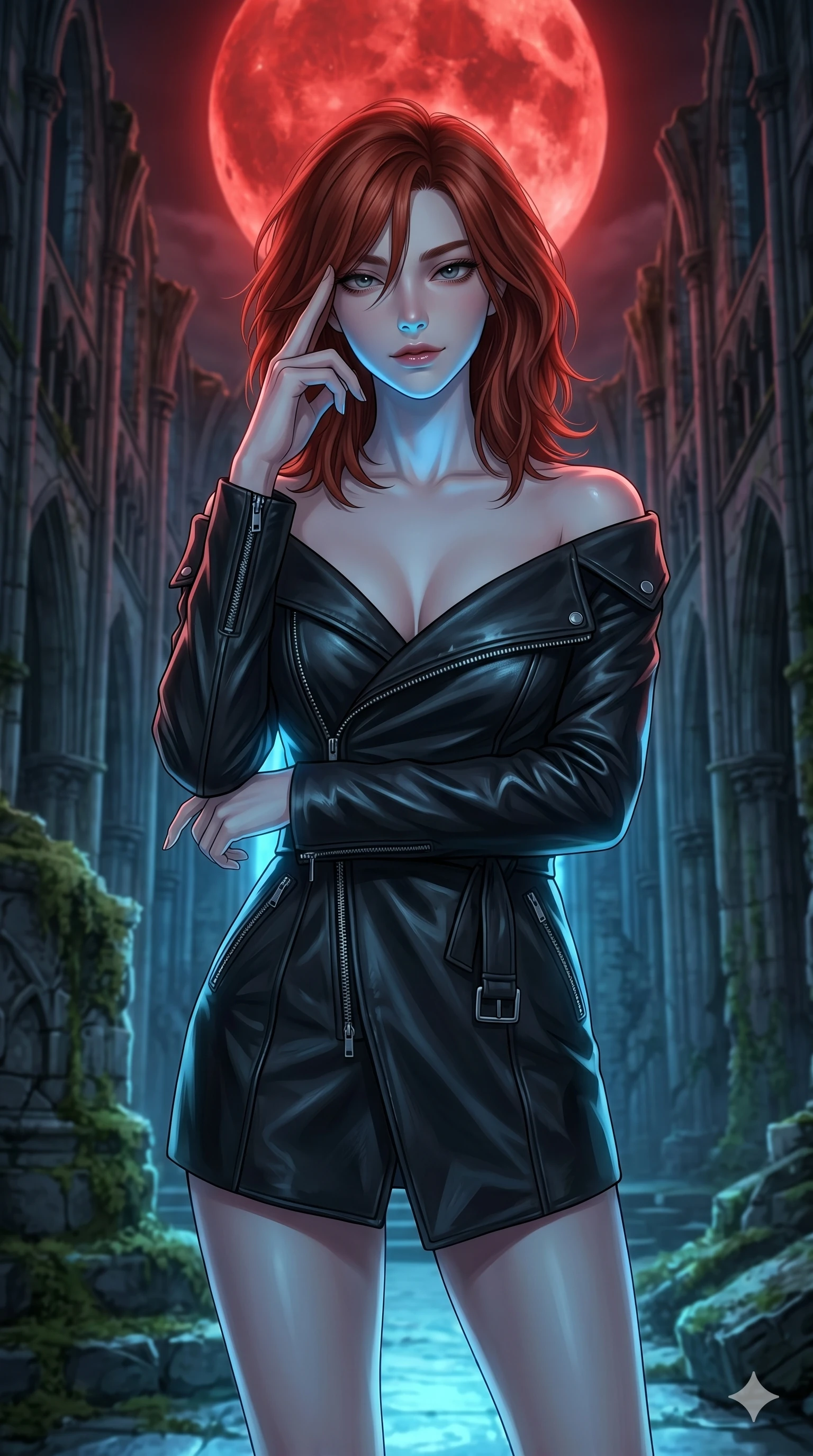 score_9, masterpiece, best quality, ultra-detailed, high-budget anime keyframe, editorial fashion photography, tasteful artistic composition, Korean woman. cowboy shot from the thighs up, character and outfit filling the frame for maximum editorial presence. pressing two fingers to her temple, looking at the camera with a bored, condescending half-smile standing inside a gothic cathedral ruins under a giant blood-red moon (Scenario Code H-35). She has an absolutely perfect 8-heads proportion, an exceptionally tall and slender female figure with impossibly long slender legs and an ultra-slim waist. V-shaped jawline, high-bridge nose, intricate jewel-like eyes with depth, thick eyelashes, glossy lips with a natural sheen. wearing an asymmetric black leather wrap jacket unzipped deeply to show her bare shoulders and clavicle lines. lit by a cool blue bioluminescent glow from below, highlighting her jawline and shoulders. 2k, ultra detail, master piece, 9:16 ratio