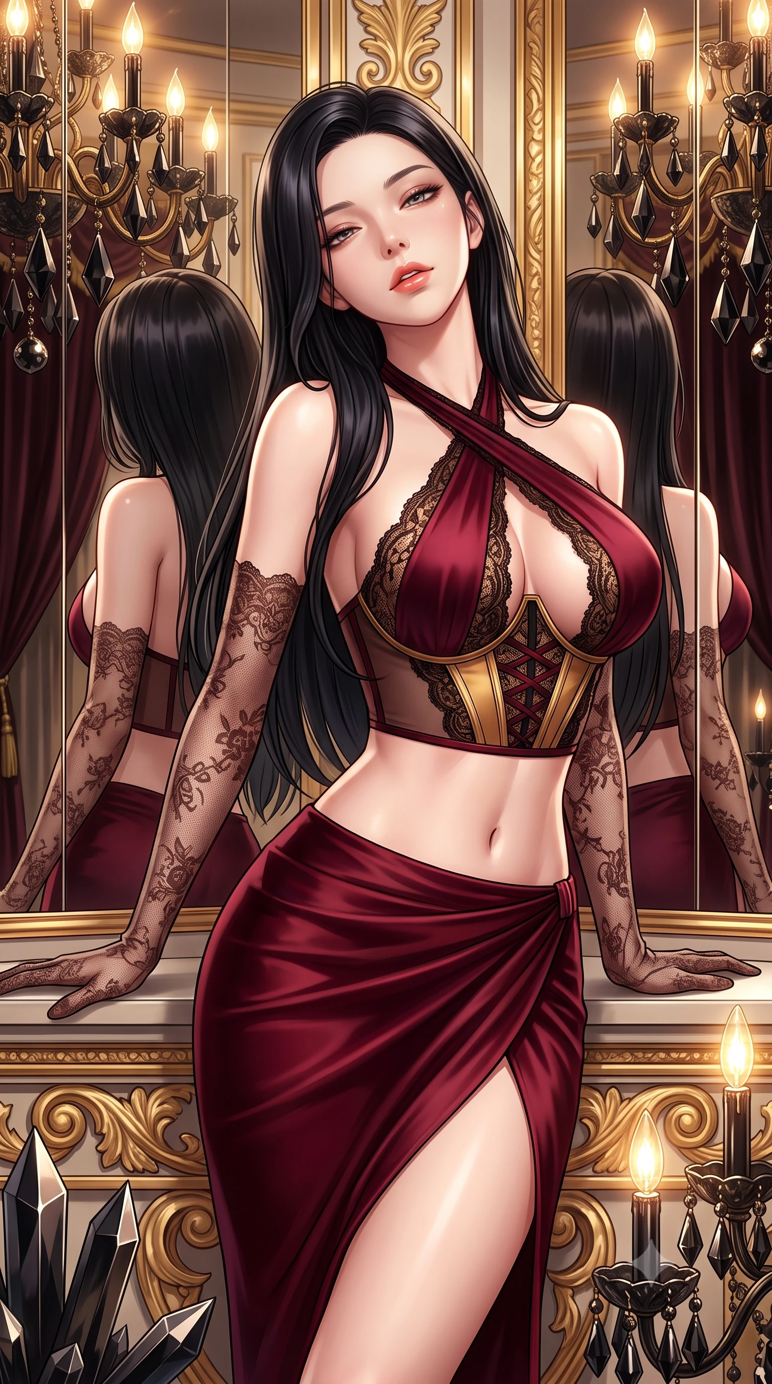 score_9, masterpiece, best quality, ultra-detailed, high-budget anime keyframe, semi-realistic 3D game render, editorial fashion photography, tasteful artistic composition, Korean woman. close-up cowboy shot from the waist and thighs up, the character dominates the composition, filling the frame with her large presence. leaning back against the balustrade with relaxed seductive grace, head tilted back slightly while casting a hypnotic, heavy-lidded gaze while twisting her slender torso in an alluring S-curve, mirrored walls reflecting her sculpted flat midriff, narrow waist, and curvaceous hips. The surrounding environment is rendered in vivid detail and crisp panoramic clarity: sharp black crystal prism facets, gilded gesso acanthus leaf carvings, and deep velvet curtain folds in deep focus. She has an exceptionally elegant, slender, and willowy female figure with an ultra-slim waist, flat toned midriff, narrow ribcage, and sculpted feminine hips creating an alluring, slim hourglass silhouette without bulk. sharp v-shaped jawline, high-bridge nose, sparkling eyes with hypnotic seductive depth, thick curled eyelashes, glossy parted lips with a natural dewy peach sheen, alluring bedroom-eyes with an enchanting coquettish smile, exuding magnetic siren charisma and sophisticated glamour, flawlessly proportioned anatomical accuracy, strict slender model proportions, natural body alignment, perfectly sculpted long slender limbs, ultra-slim waistline, clean dynamic posture without body distortion. wearing a high-waisted dark crimson satin wrap sarong skirt with hip-high slit paired with a plunging criss-cross halter corset in smoldering bordeaux wine and liquid gold with black chantilly lace, made of semi-opaque stretch illusion mesh with soft shadowy contours, complemented by sheer opera-length lace evening gloves tracing her slender arms, the liquid-tight tailored fabric clinging flawlessly to her narrow waist and rounded feminine hips, emphasizing every millimeter of her sculpted slim hourglass curves without any bulky heaviness. bathed in the glittering amber-and-gold brilliance of black-crystal chandelier candle bulbs. highly saturated vibrant anime colors, detailed shading with soft gradients, rich glossy textures, high-contrast stereoscopic depth, volumetric dynamic lighting, master piece, 9:16 ratio