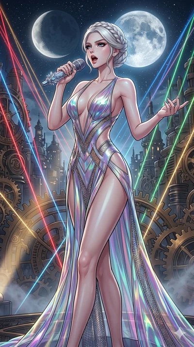 score_9, masterpiece, best quality, ultra-detailed, high-budget anime movie keyframe, cinematic anime lighting, intricate line art, Japanese woman. Medium shot of upper body capturing the intricate details of her high-fashion attire. singing on a las
