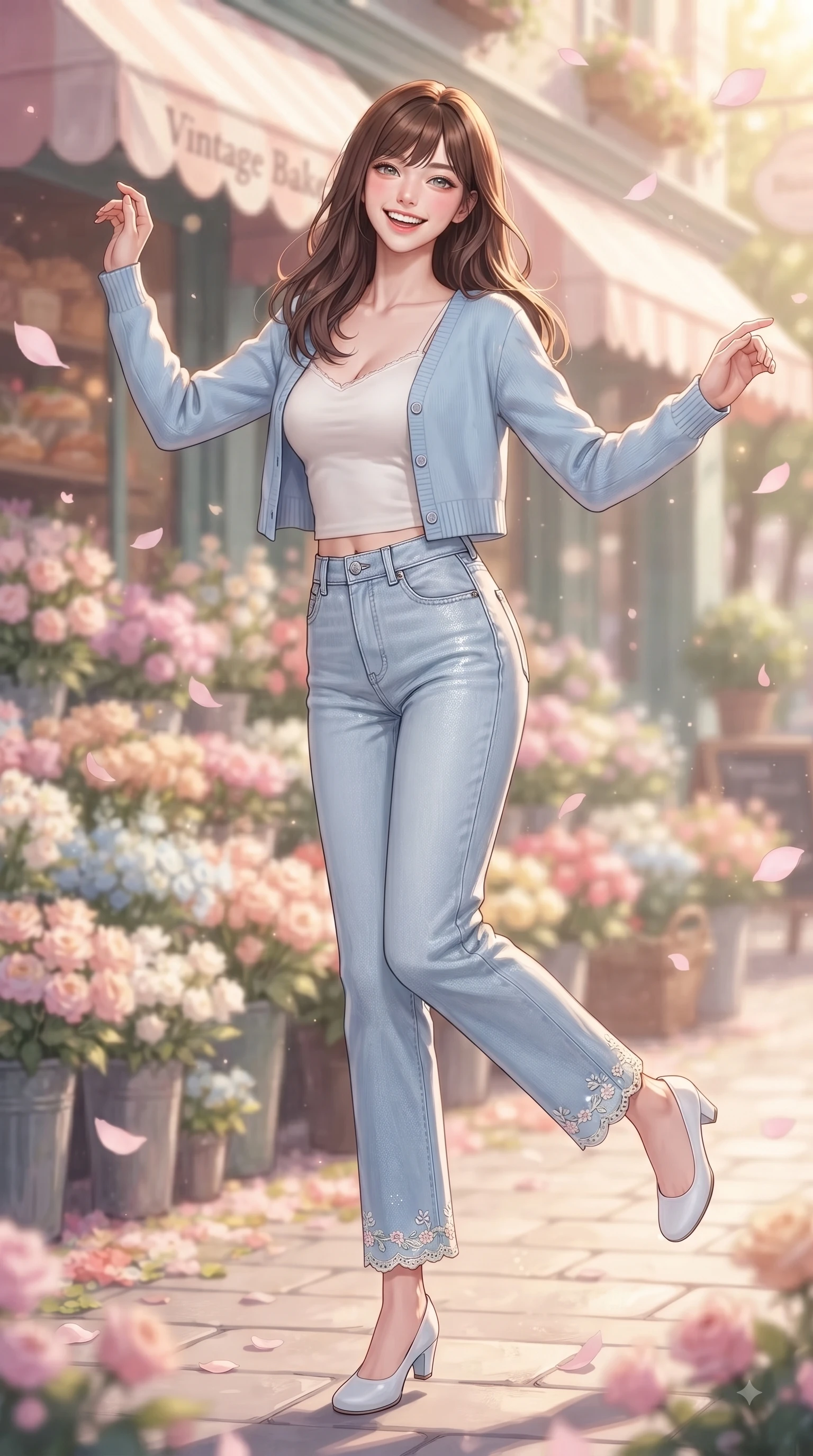score_9, masterpiece, best quality, ultra-detailed, high-budget anime keyframe, editorial fashion photography, tasteful artistic composition, Korean woman. low angle full-body shot from head to toe showing her feet, filling the entire 9:16 vertical frame with her statuesque presence, stretching her vertical silhouette. performing a cheerful mid-motion turn with flawless poise, her radiant smile capturing fresh girlhood energy while stepping cheerfully along a flower-strewn walkway as pastel pink petals float softly around her. The composition keeps background elements in soft focus with dreamy bokeh. pastel flower displays and vintage bakery awnings shimmering softly in creamy background bokeh. She has an absolutely perfect, statuesque 8.5-heads proportion, an exceptionally tall and slender model-like female figure with impossibly long slender legs and an ultra-slim waist. sharp v-shaped jawline, high-bridge nose, intricate jewel-like eyes with depth, thick eyelashes, glossy lips with a natural sheen, flawlessly proportioned anatomical accuracy, natural body alignment, perfectly sculpted elegant limbs, clean dynamic posture without body distortion. wearing a casual chic pastel blue cropped cardigan with high-rise straight-leg denim jeans in baby blue and cloud white, woven with delicate eyelet lace and soft cotton, complemented by delicate embroidered floral trim along the hem, the tailored casual silhouette highlighting her fresh and youthful presence. bathed in brilliant morning sunshine and warm pastel flower shop ambient glow. ultra-reflective glossy finish, specular highlights, metallic sheen, high-contrast stereoscopic depth, volumetric dynamic lighting, 2k, ultra detail, master piece, 9:16 ratio