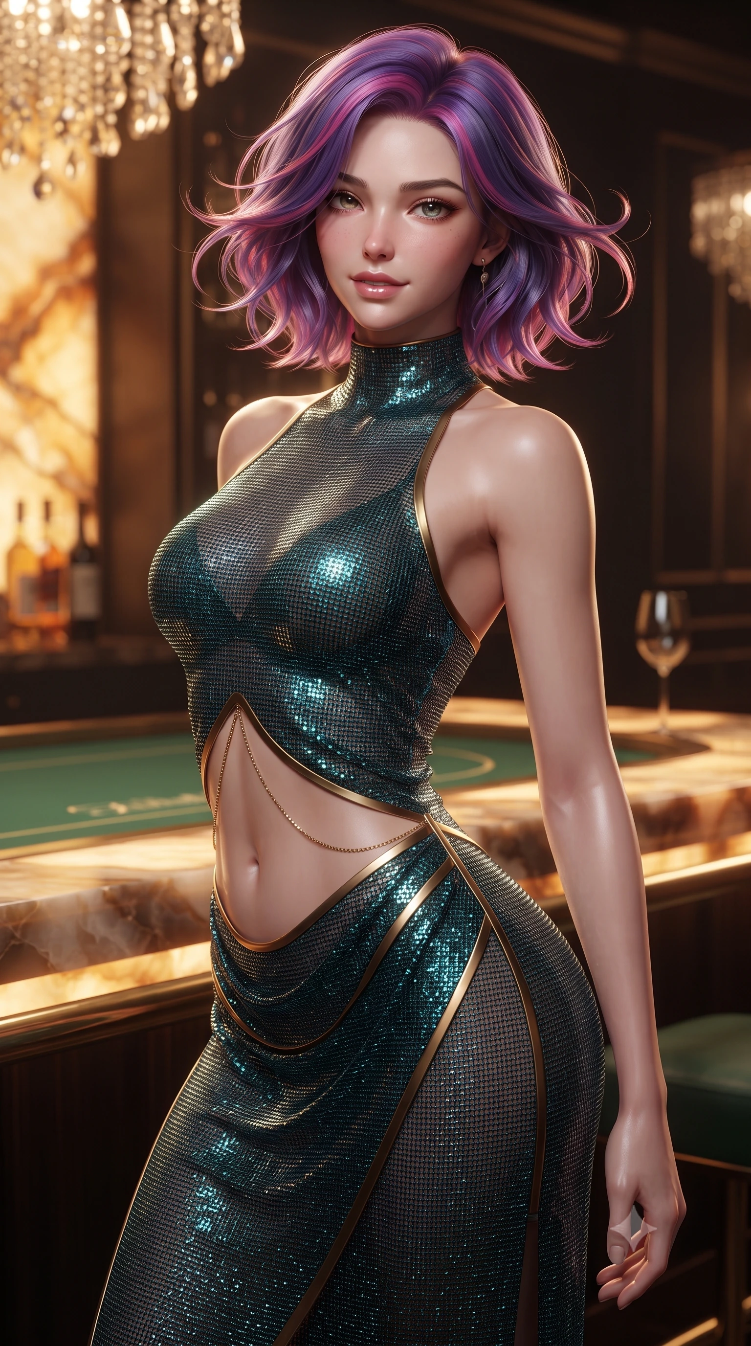 score_9, masterpiece, best quality, ultra-detailed, high-budget anime keyframe, editorial fashion photography, tasteful artistic composition, Caucasian woman. close-up cowboy shot from the waist and thighs up, the character dominates the composition, filling the frame with her large presence. turning slowly with an enchanting smoldering smile, her glossy hair tossing in the breeze as her hips angle gracefully in a captivating contrapposto while twisting her slender torso in an alluring S-curve, warm backlit onyx stone tracing her narrow waist, flat midriff, and rounded hips. The surrounding environment is rendered in vivid detail and crisp panoramic clarity: sharp backlit onyx stone veining, green gaming felt weave, and polished brass foot rail gleam in deep focus. She has an exceptionally elegant, slender, and willowy female figure with an ultra-slim waist, flat toned midriff, narrow ribcage, and sculpted feminine hips creating an alluring, slim hourglass silhouette without bulk. sharp v-shaped jawline, high-bridge nose, sparkling eyes with hypnotic seductive depth, thick curled eyelashes, glossy parted lips with a natural dewy peach sheen, alluring bedroom-eyes with an enchanting coquettish smile, exuding magnetic siren charisma and sophisticated glamour, flawlessly proportioned anatomical accuracy, strict slender model proportions, natural body alignment, perfectly sculpted long slender limbs, ultra-slim waistline, clean dynamic posture without body distortion. wearing a provocative high-neck sheer illusion cocktail dress with liquid satin ribbons contouring her curves in deep peacock teal and burnished antique brass, crafted from shimmering fluid chainmail mesh reflecting ambient lights, accented with a dainty gold belly chain resting across her flat midriff and curving hips, the liquid-tight tailored fabric clinging flawlessly to her narrow waist and rounded feminine hips, emphasizing every millimeter of her sculpted slim hourglass curves without any bulky heaviness. illuminated by chandelier reflections and sharp warm-amber rim lights defining her delicate clavicles, ultra-slim waist, and curvy hips. ultra-reflective glossy finish, specular highlights, rich textural contrasts, high-contrast stereoscopic depth, volumetric dynamic lighting, 2k, ultra detail, master piece, 9:16 ratio