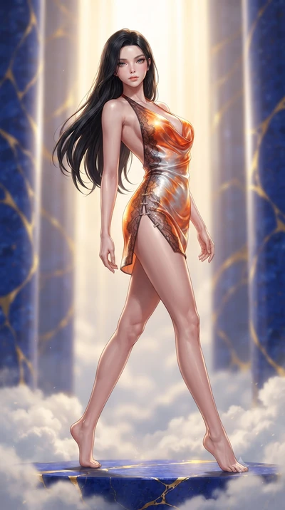 score_9, masterpiece, best quality, ultra-detailed, high-budget anime keyframe, editorial fashion photography, tasteful artistic composition, Korean woman. low angle full-body shot from head to toe showing her feet, filling the entire 9:16 vertical f
