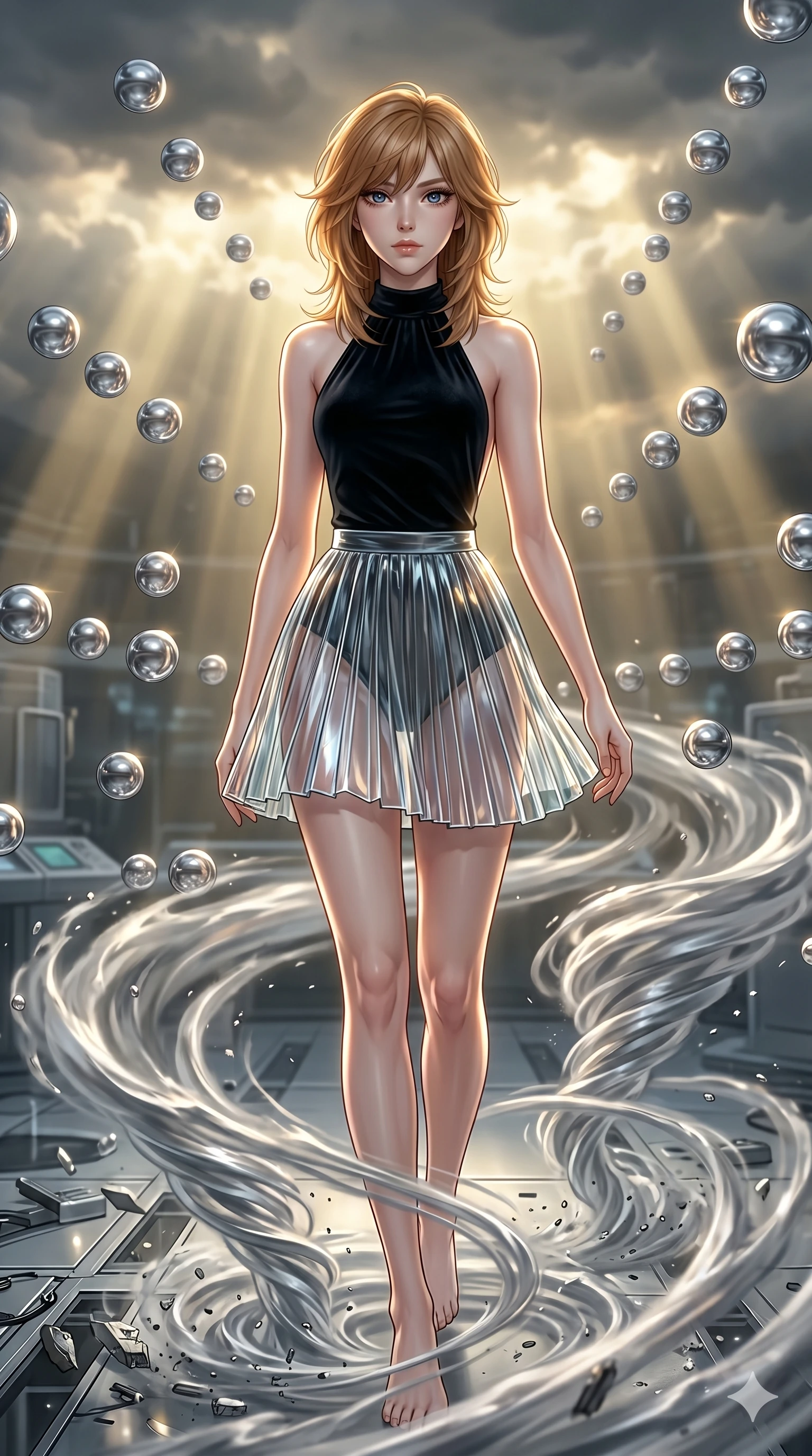 score_9, masterpiece, best quality, ultra-detailed, high-budget anime keyframe, editorial fashion photography, tasteful artistic composition, Korean woman. upper body close-up from the thighs up, character filling the screen for maximum presence. stepping gracefully onto through a futuristic laboratory filled with levitating liquid metal spheres while swirling vortexes of silver mist encircle her legs. She has an absolutely perfect 8-heads proportion, an exceptionally tall and slender female figure with impossibly long slender legs and an ultra-slim waist. V-shaped jawline, high-bridge nose, intricate jewel-like eyes with depth, thick eyelashes, glossy lips with a natural sheen.. wearing a fractal glass pleated skirt and a open-back black velvet halter neck top, creating a dramatic and elegant silhouette. bathed in dramatic god rays filtering through clouds with high specular highlights along her silhouette. 2k, ultra detail, master piece, 9:16 ratio