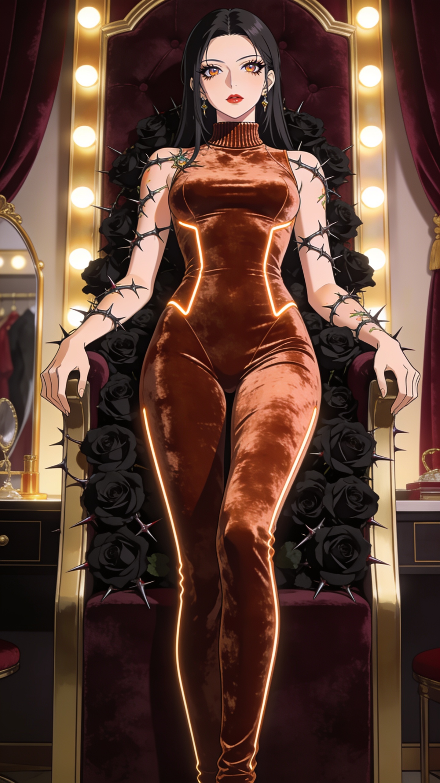 score_9, masterpiece, best quality, ultra-detailed, High-budget Anime Keyframe, East Asian woman. Dynamic full-body shot stretching the vertical silhouette to the limit. Scenario 480: resting on a throne of black roses, thorns grazing her skin, in a velvet-lined dressing room illuminated by soft golden spotlights. Her presence is magnetic and overpowering in this high-budget anime scene. Outfit 480: a slim-fit metallic copper crushed velvet catsuit featuring a refined mock-neck collar and glowing LED seams. The clothing is designed to emphasize her exceptionally tall and slender 8-heads proportion. 8-heads proportion, towering silhouette, ultra-slim waist. sharp v-shaped jawline, intricate jewel-like eyes with depth, thick eyelashes, glossy lips. 2k, ultra detail, master piece, 9:16 ratio