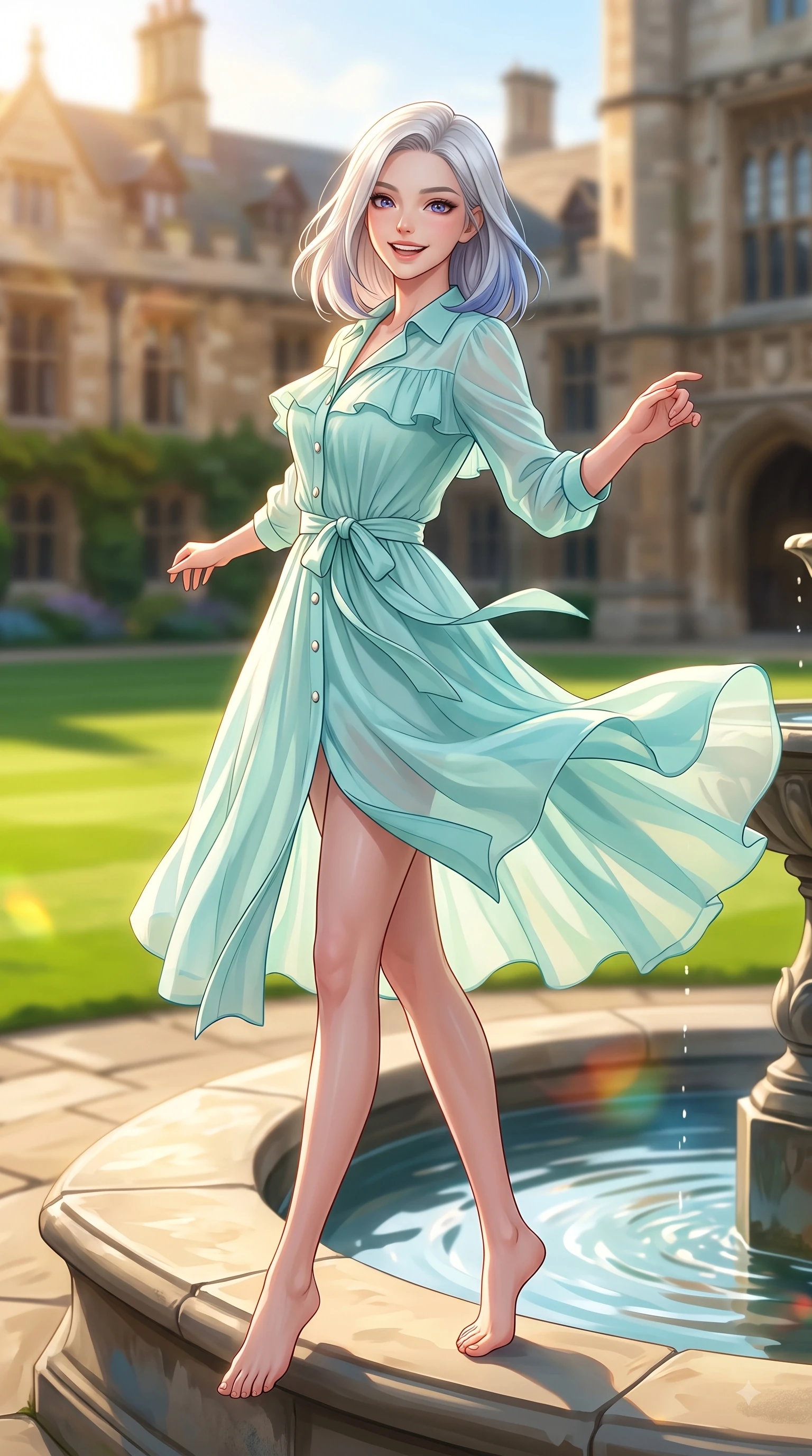 score_9, masterpiece, best quality, ultra-detailed, high-budget anime keyframe, editorial fashion photography, tasteful artistic composition, Caucasian woman. low angle full-body shot from head to toe showing her feet, filling the entire 9:16 vertical frame with her statuesque presence, stretching her vertical silhouette. pivoting dynamically with a fresh infectious smile, her ultra-slim waist creating a sweeping fluid curve while reaching out cheerfully with a bright smile near a grand stone fountain on the college quad. The composition keeps background elements in soft focus with dreamy bokeh. lush green quad lawns and historical college buildings blurred in dreamy shallow focus. She has an absolutely perfect, statuesque 8.5-heads proportion, an exceptionally tall and slender model-like female figure with impossibly long slender legs and an ultra-slim waist. sharp v-shaped jawline, high-bridge nose, intricate jewel-like eyes with depth, thick eyelashes, glossy lips with a natural sheen, flawlessly proportioned anatomical accuracy, natural body alignment, perfectly sculpted elegant limbs, clean dynamic posture without body distortion. wearing a stylish pastel mint trench dress with a tied belt waist and folded collar in ocean turquoise and sea-salt white, made of fine lightweight chiffon that flutters gently in the breeze, finished with subtle ruffle trims and delicate pearl buttons, the soft airy drape swaying gracefully with her dynamic movements. illuminated by warm golden sunbursts and bright clear sky refractions. highly saturated vibrant anime colors, detailed shading with soft gradients, rich glossy textures, high-contrast stereoscopic depth, volumetric dynamic lighting, master piece, 9:16 ratio